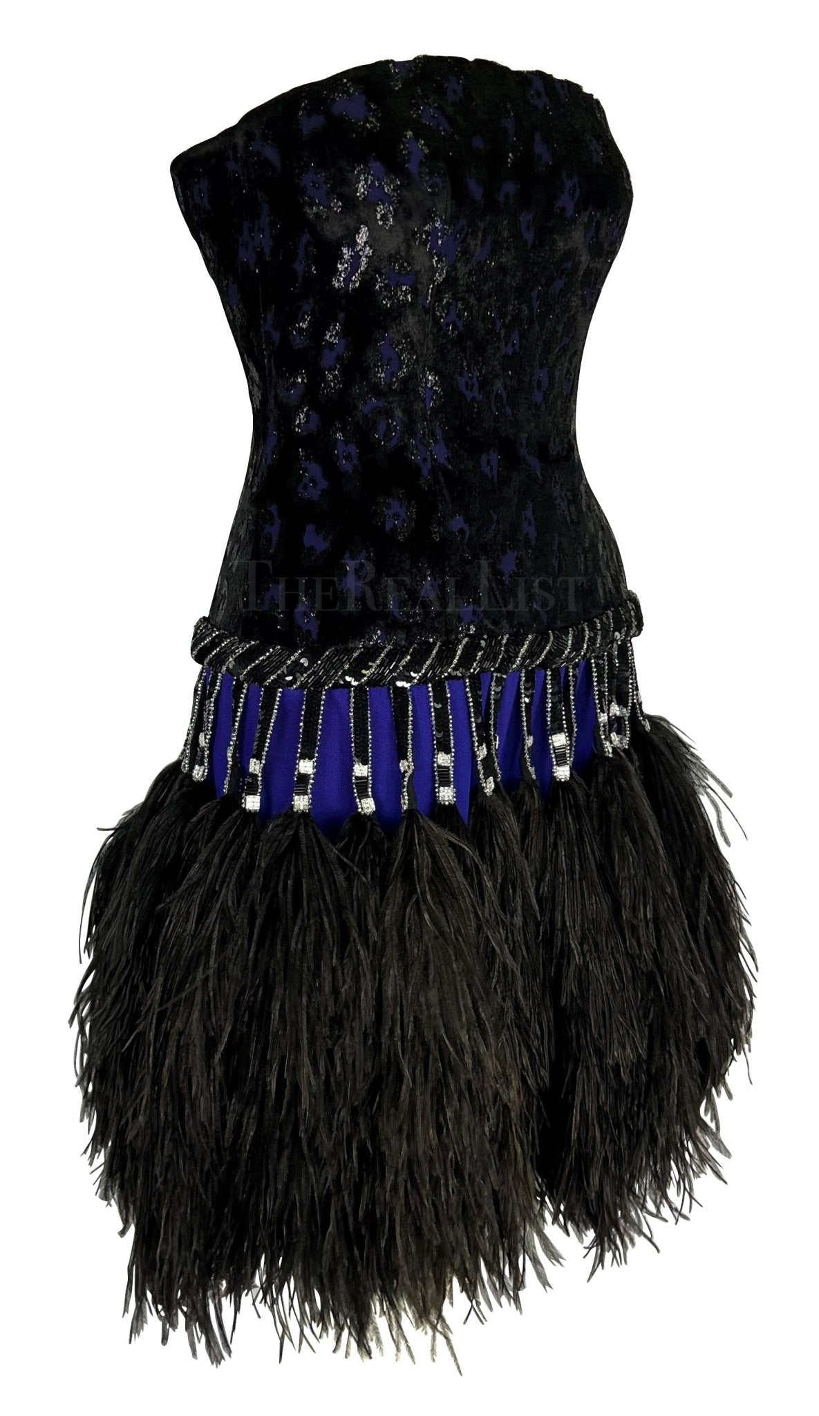 F/W 1988 Bob Mackie Runway Beaded Purple Ostrich Feather Mini Dress - RealList