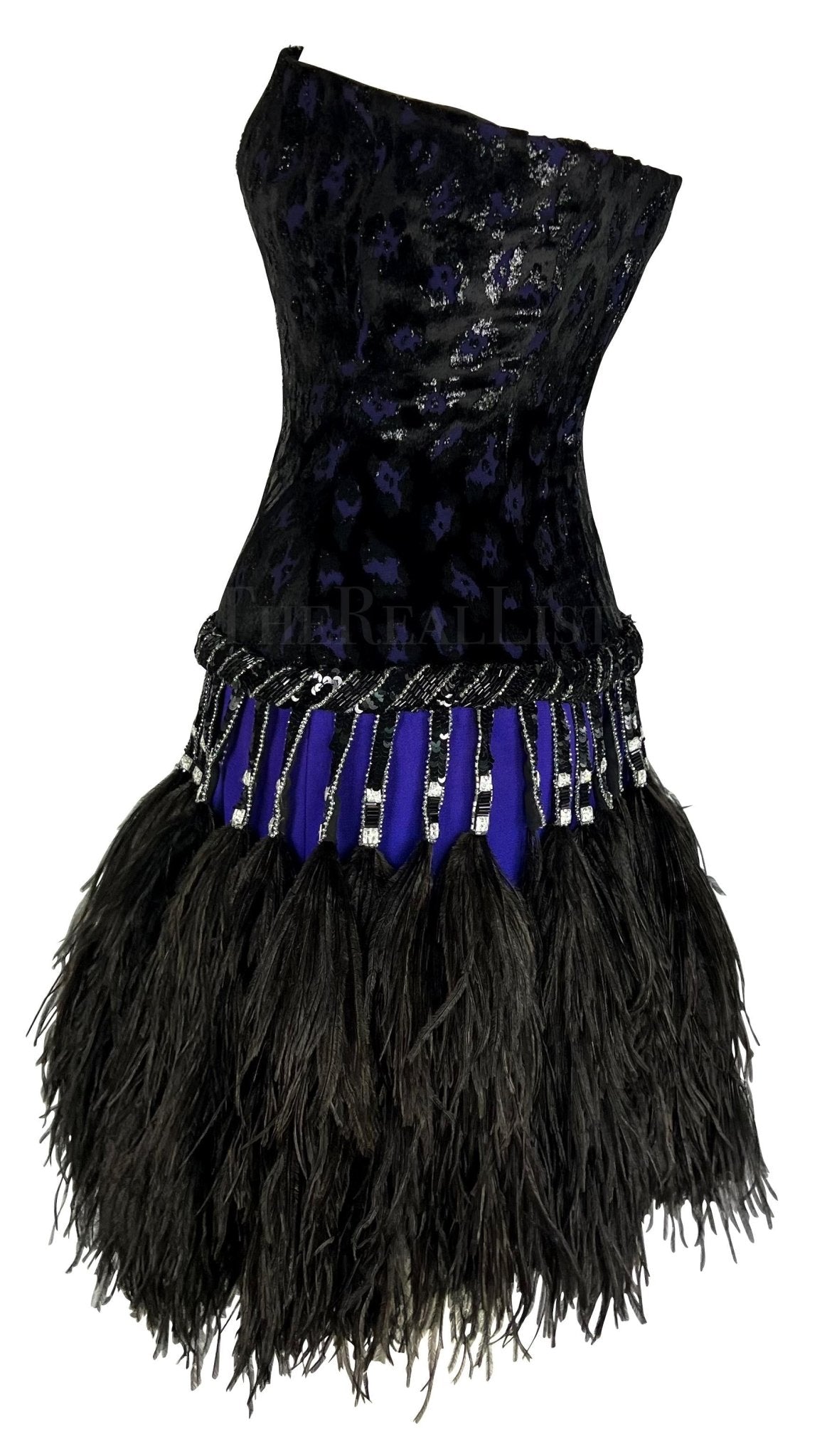 F/W 1988 Bob Mackie Runway Beaded Purple Ostrich Feather Mini Dress - RealList