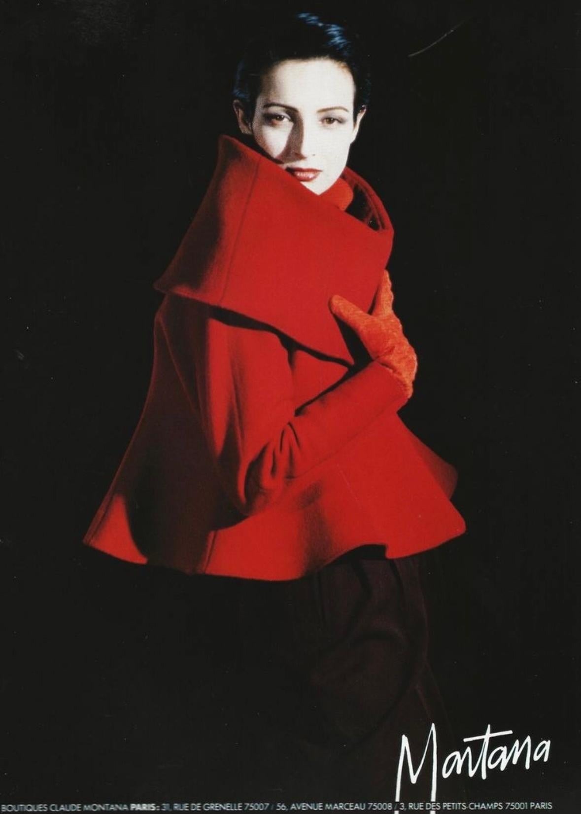 F/W 1988 Claude Montana Runway Deep Red Oversized Collar Flare Fur Coat - RealList