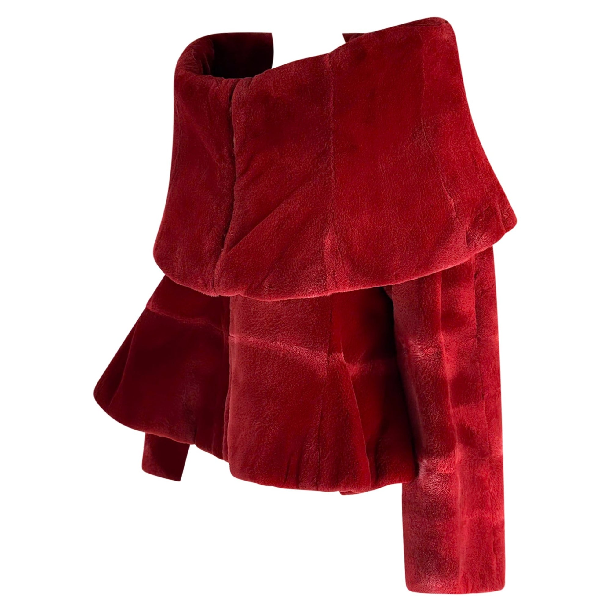 F/W 1988 Claude Montana Runway Deep Red Oversized Collar Flare Fur Coat - RealList