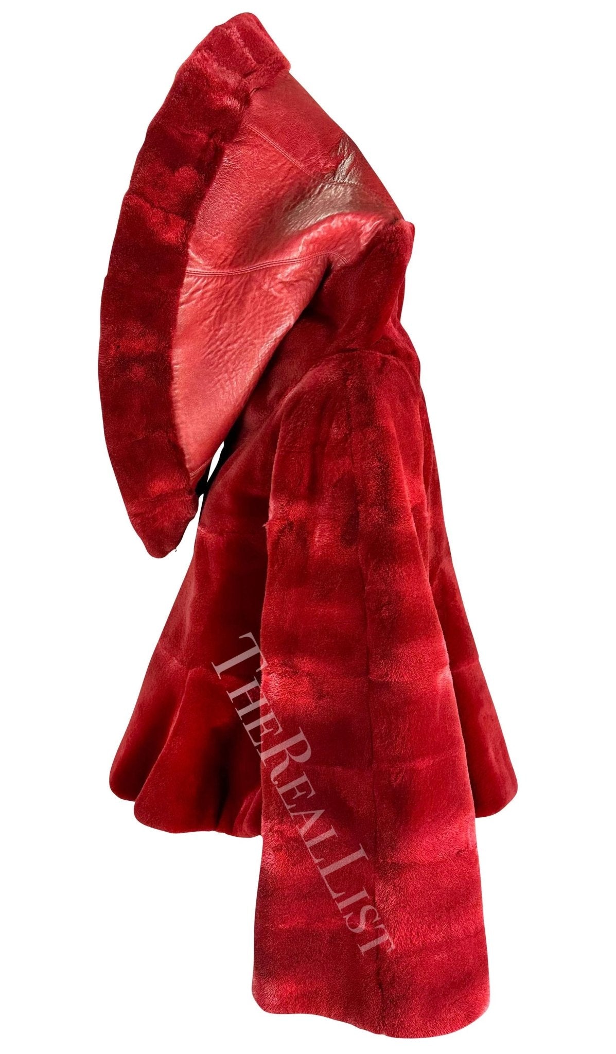 F/W 1988 Claude Montana Runway Deep Red Oversized Collar Flare Fur Coat - RealList