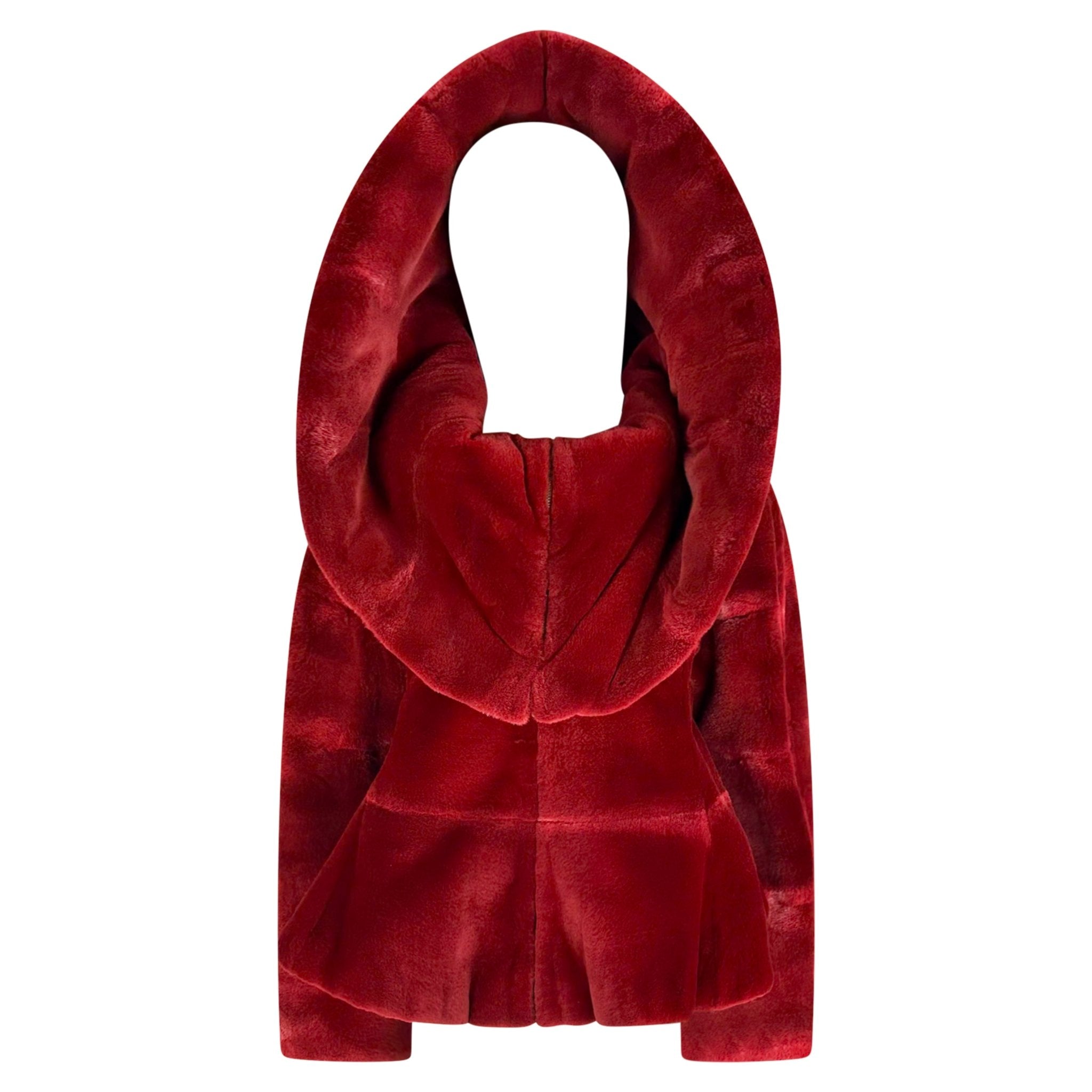 F/W 1988 Claude Montana Runway Deep Red Oversized Collar Flare Fur Coat - RealList