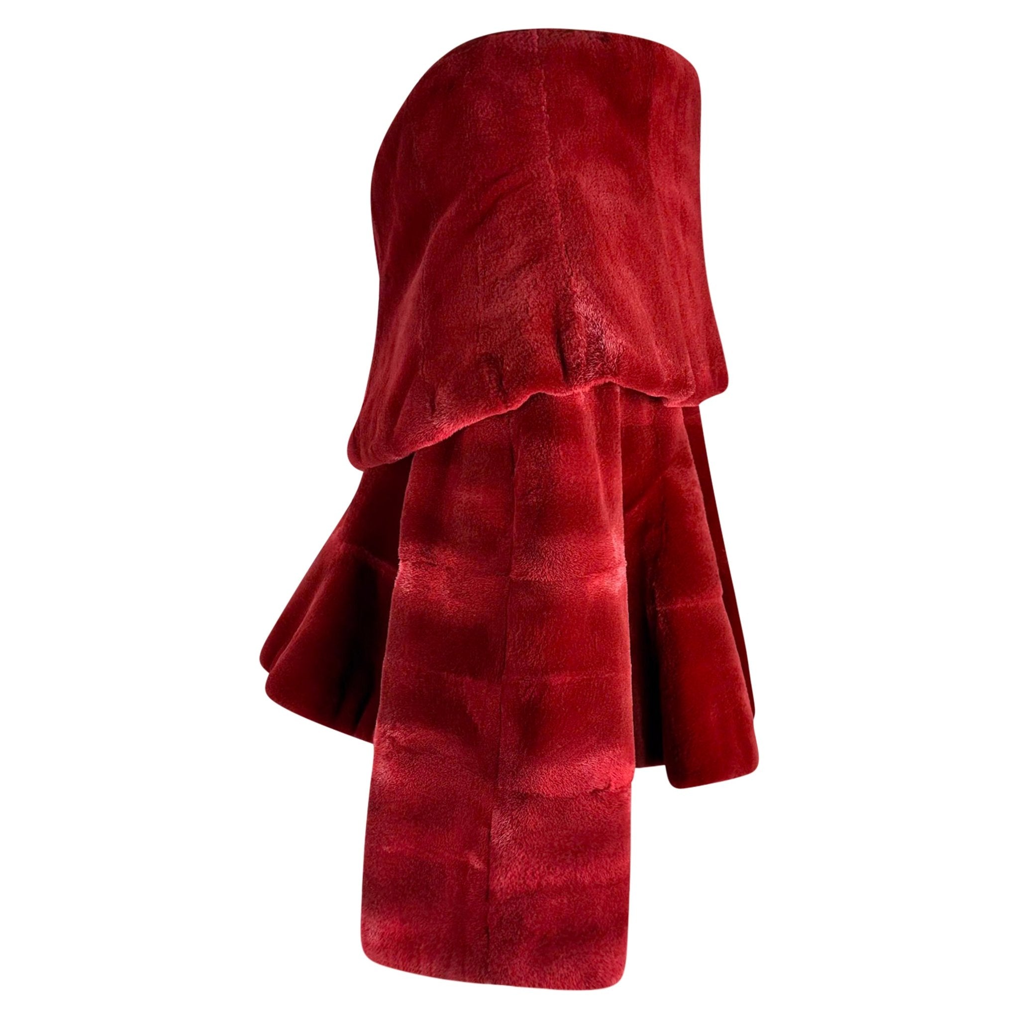 F/W 1988 Claude Montana Runway Deep Red Oversized Collar Flare Fur Coat - RealList