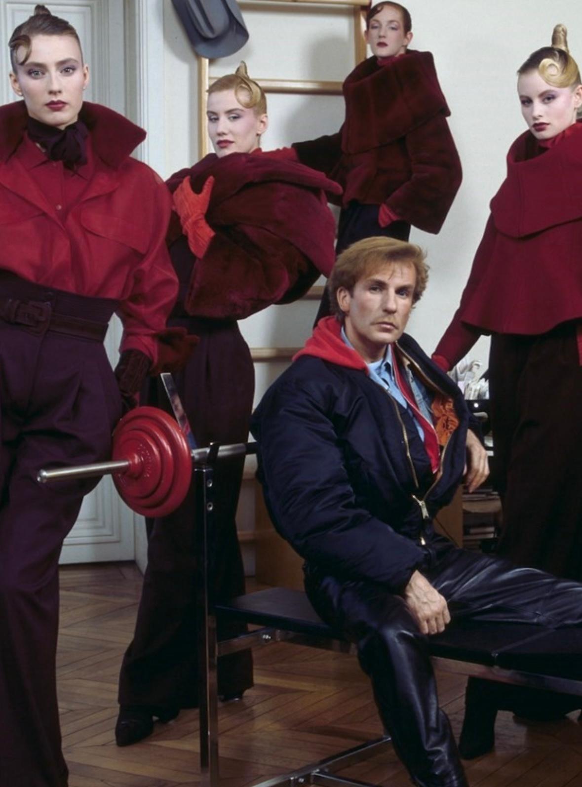 F/W 1988 Claude Montana Runway Deep Red Oversized Collar Flare Fur Coat - RealList