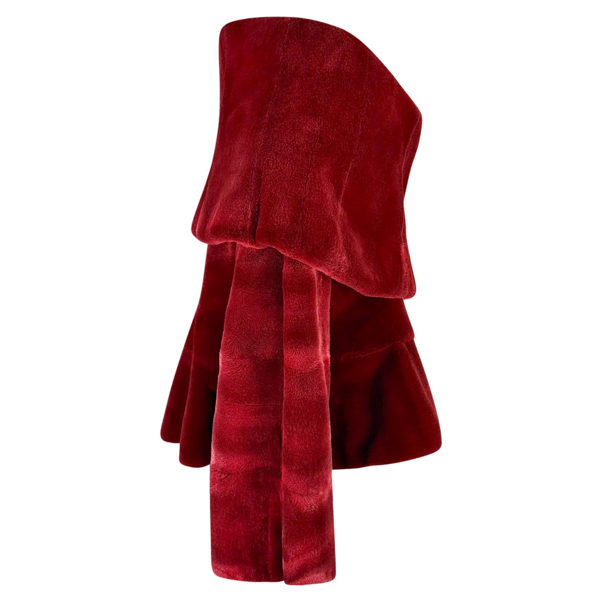 F/W 1988 Claude Montana Runway Deep Red Oversized Collar Flare Fur Coat - RealList