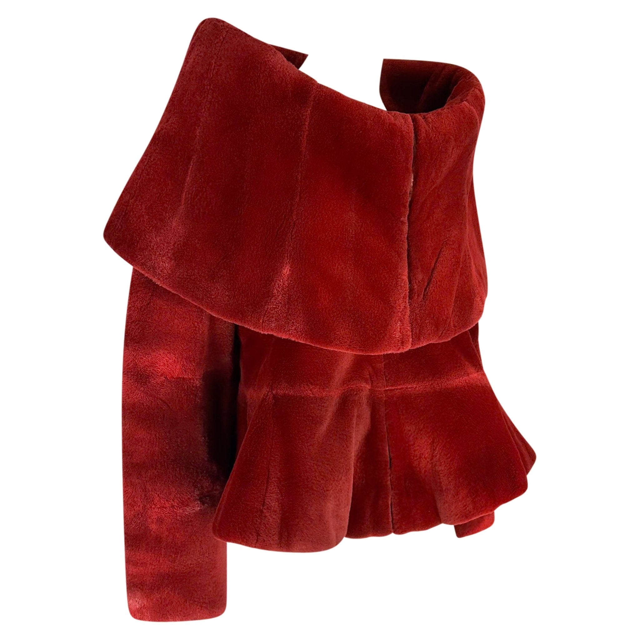 F/W 1988 Claude Montana Runway Deep Red Oversized Collar Flare Fur Coat - RealList