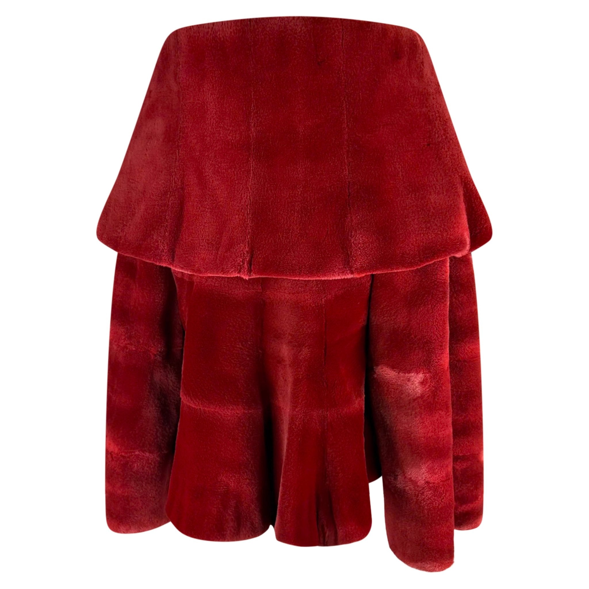 F/W 1988 Claude Montana Runway Deep Red Oversized Collar Flare Fur Coat - RealList