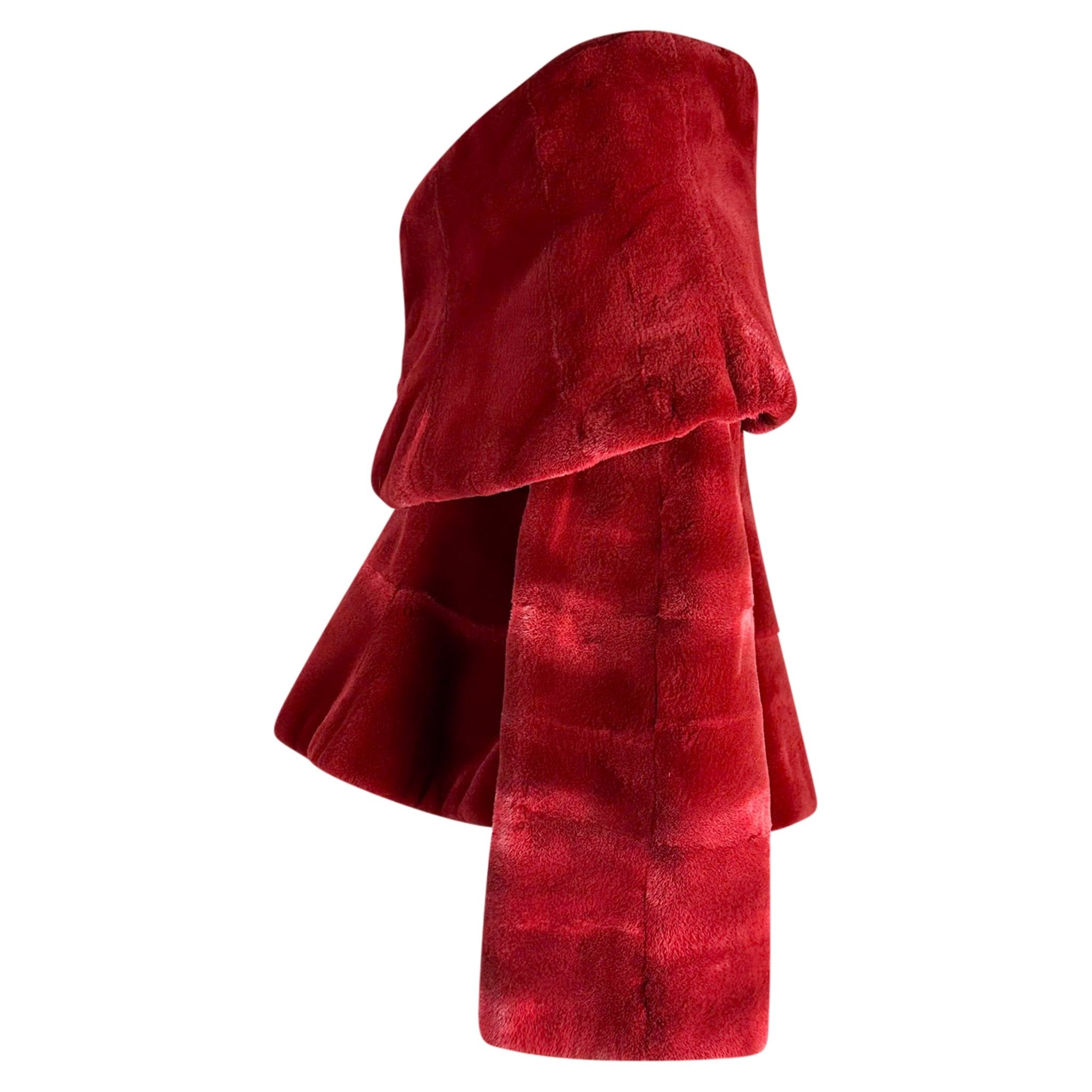 F/W 1988 Claude Montana Runway Deep Red Oversized Collar Flare Fur Coat - RealList