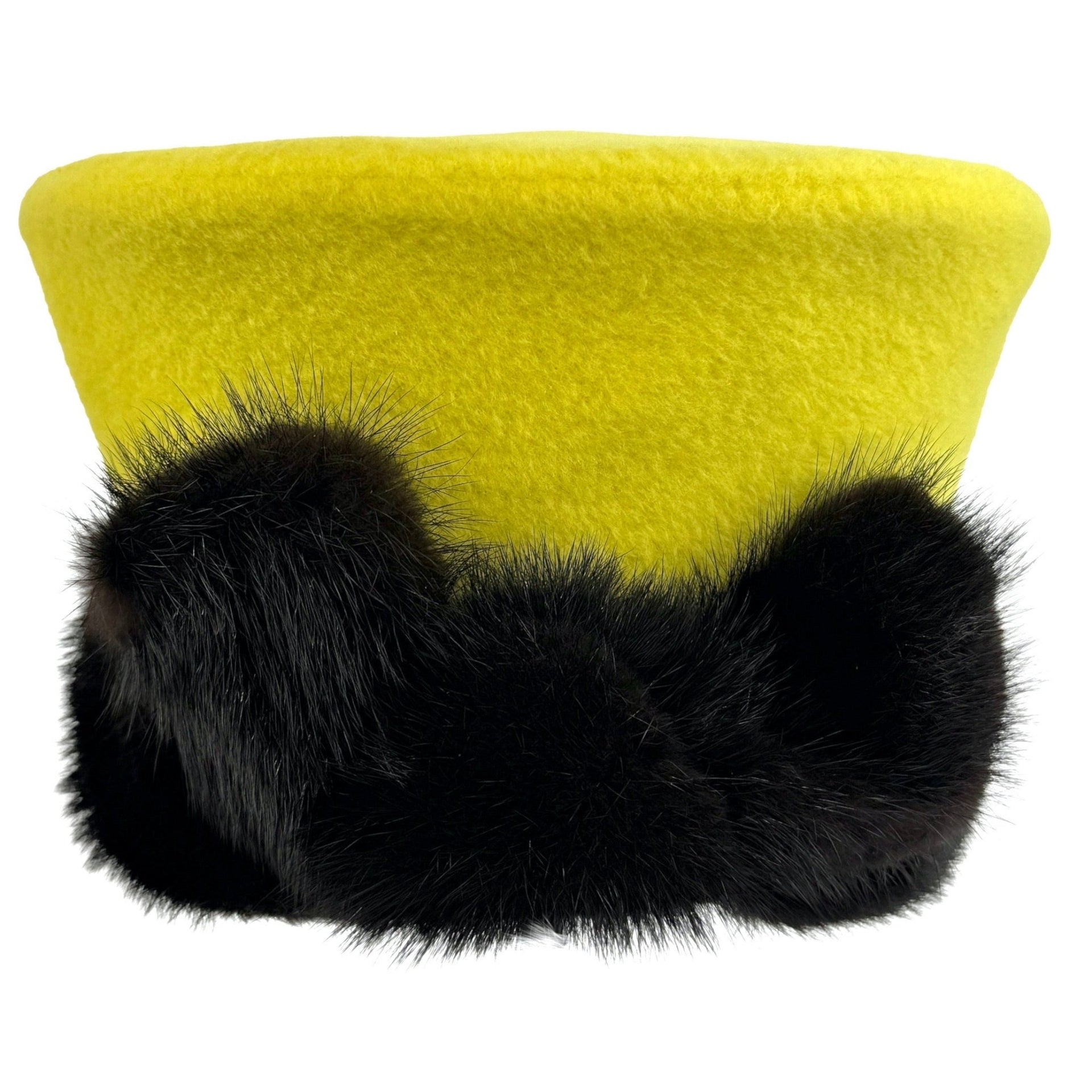 F/W 1988 Lanvin Yellow Felt Sable Mink Bow Trim Pillbox Hat - RealList