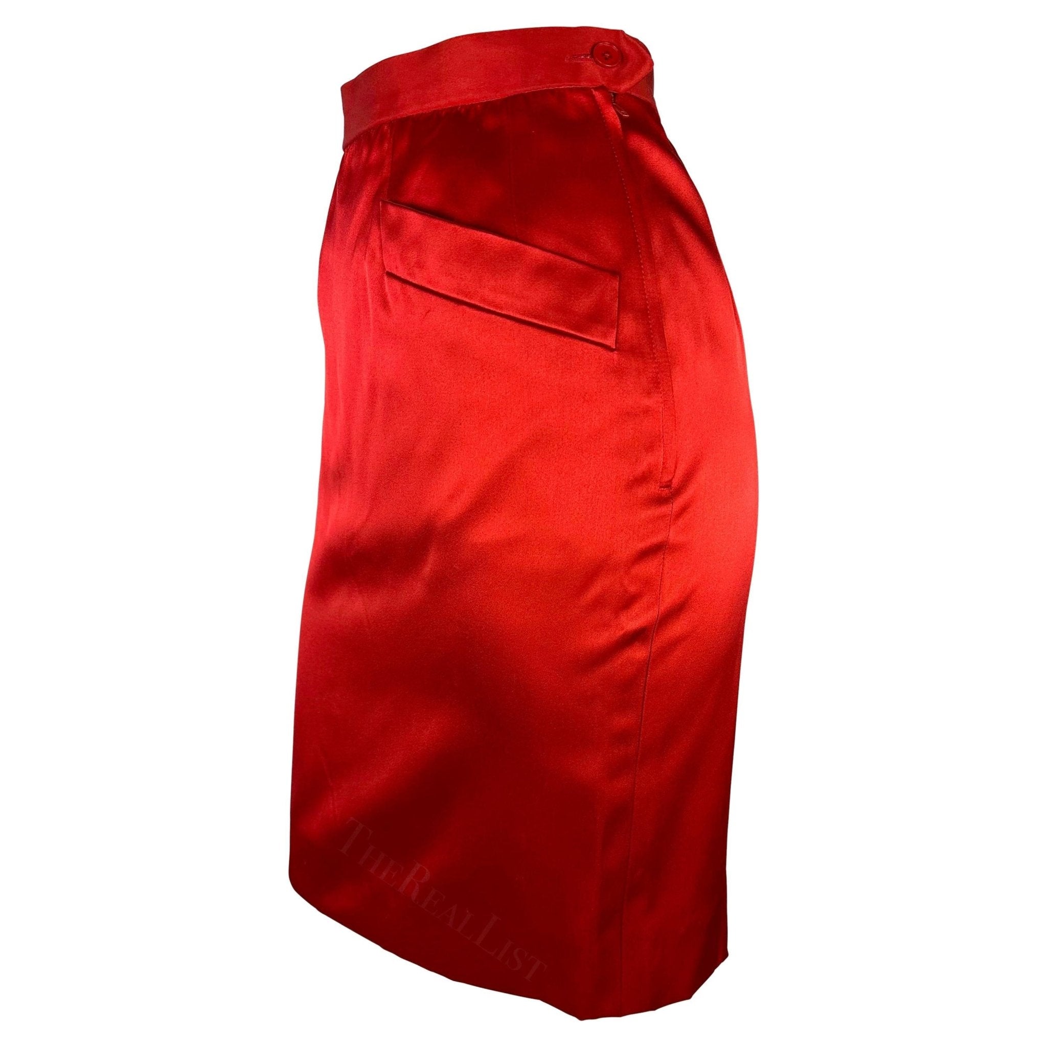 F/W 1988 Saint Laurent Rive Gauche Runway Red Satin Pocket Pencil Skirt - RealList