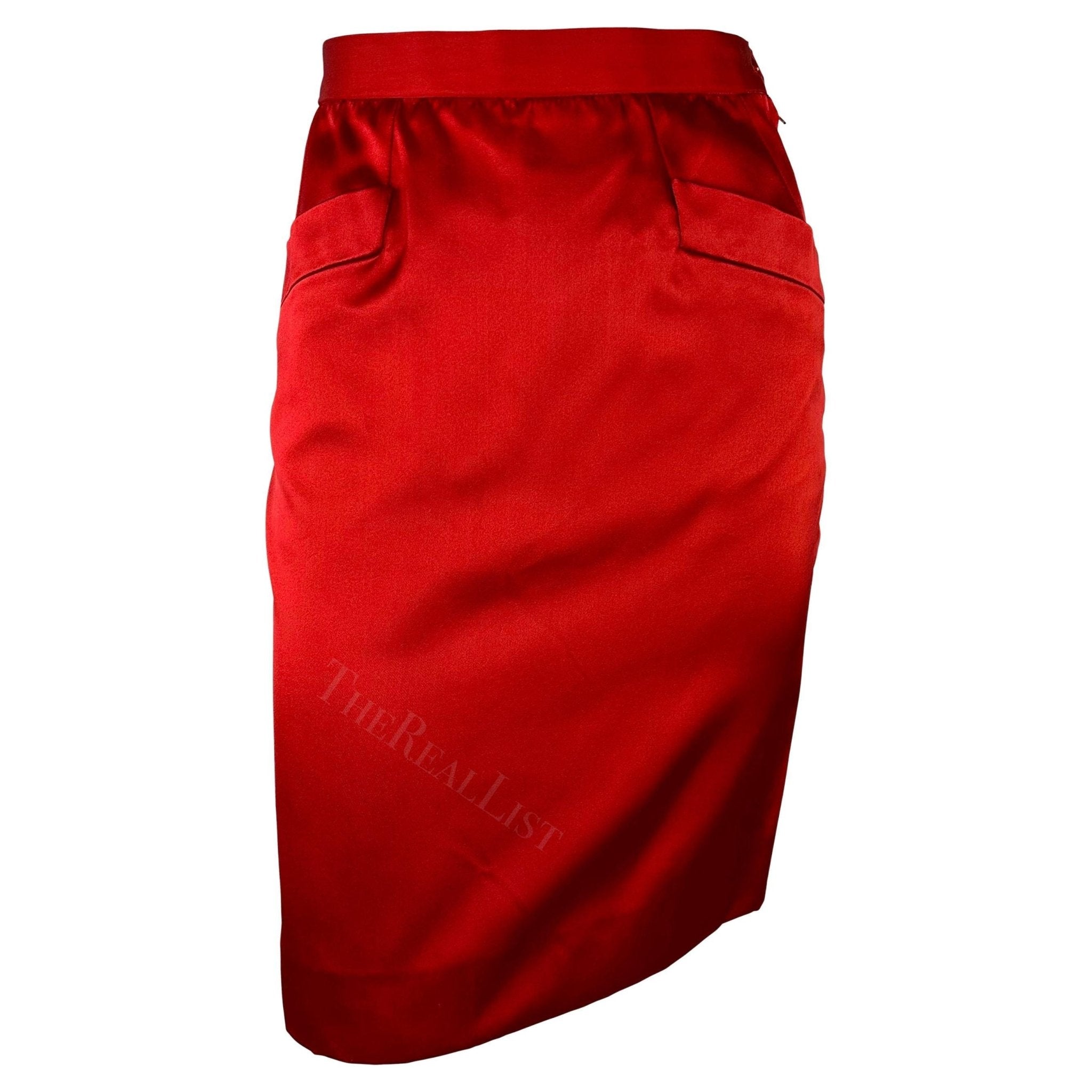 F/W 1988 Saint Laurent Rive Gauche Runway Red Satin Pocket Pencil Skirt - RealList