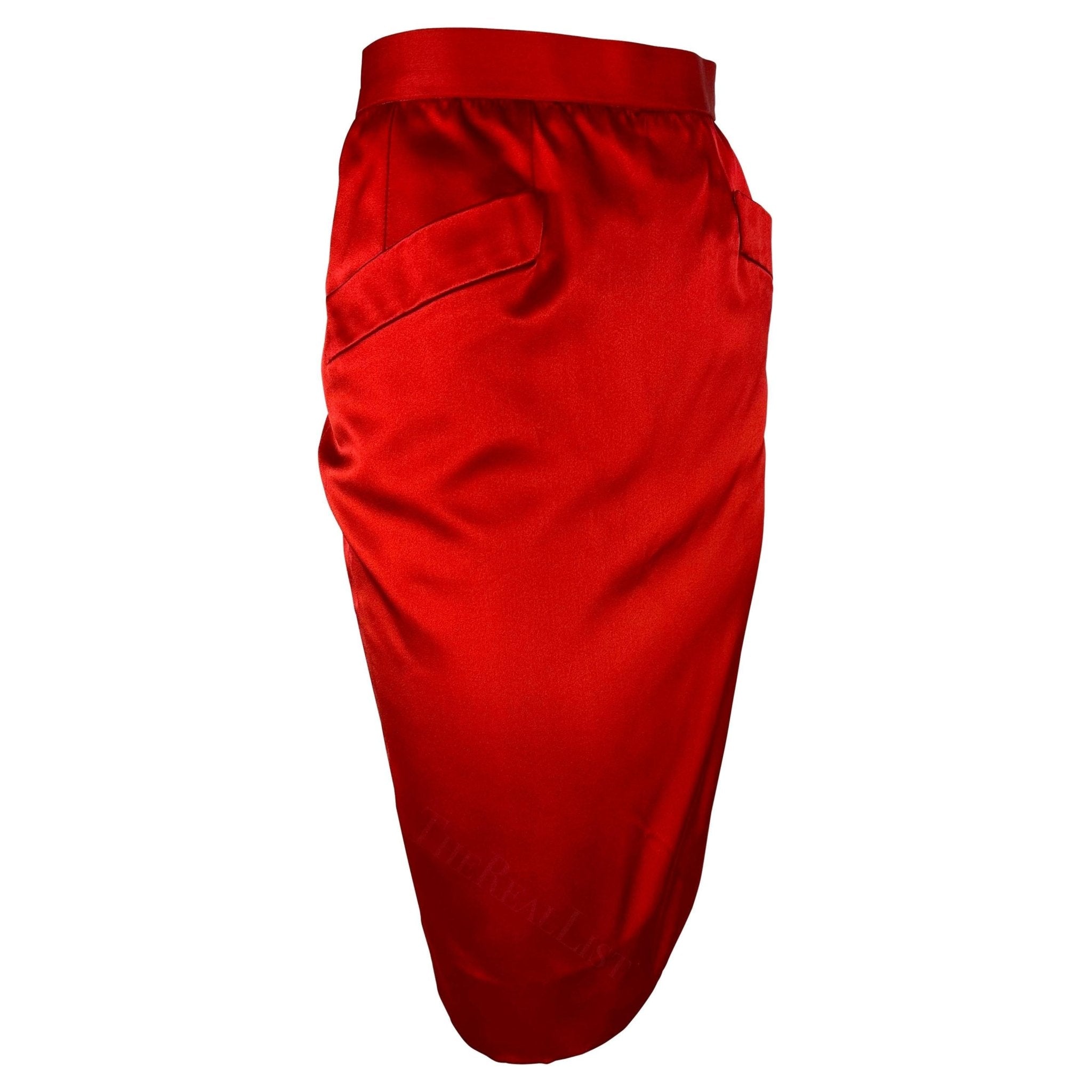 F/W 1988 Saint Laurent Rive Gauche Runway Red Satin Pocket Pencil Skirt - RealList