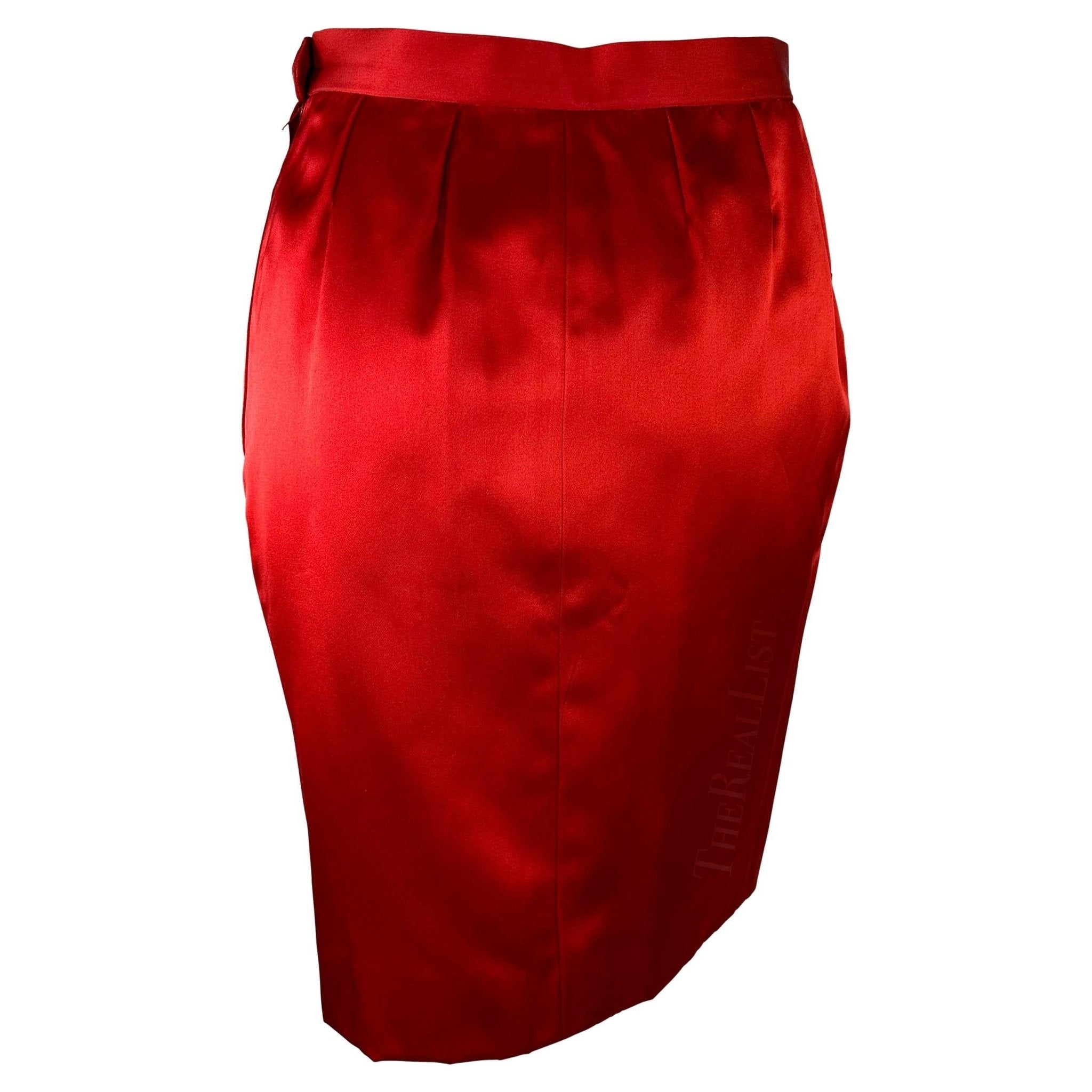 F/W 1988 Saint Laurent Rive Gauche Runway Red Satin Pocket Pencil Skirt - RealList
