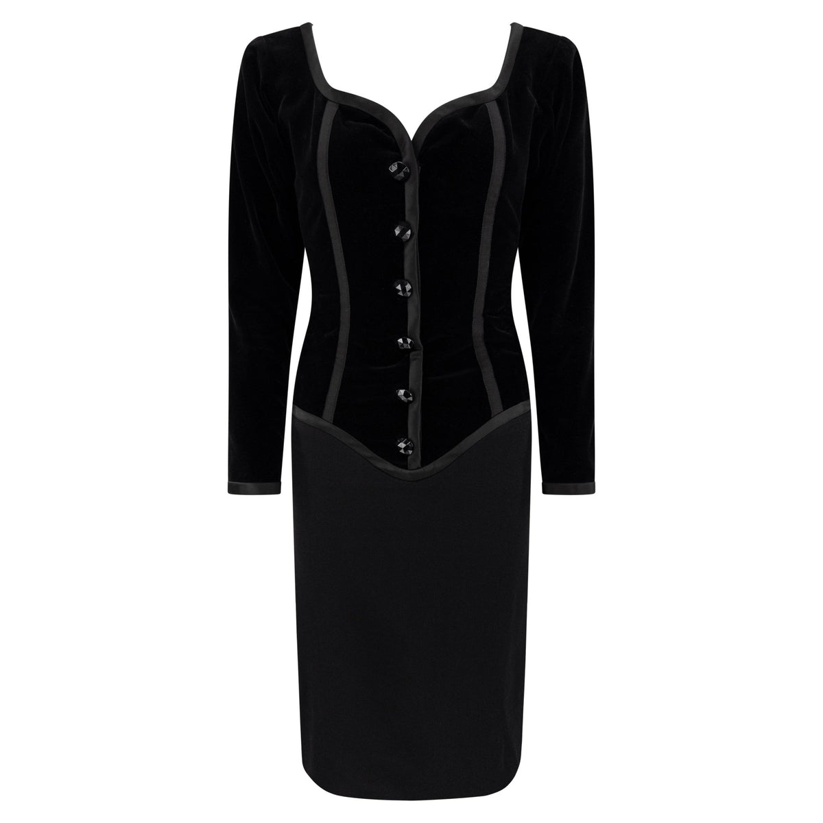 F/W 1988 Saint Laurent Runway Black Velvet Bustier Long Sleeve Dress - RealList