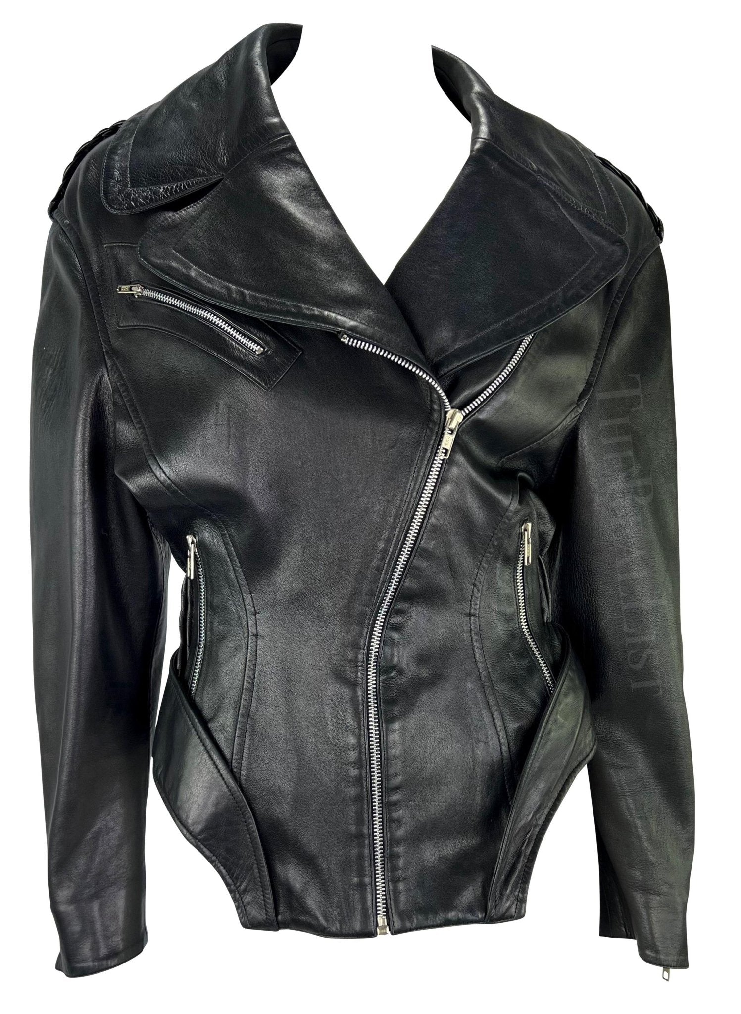 F/W 1988 Thierry Mugler 'Les Infernales' Hip Cutout Leather Moto Biker Jacket - RealList