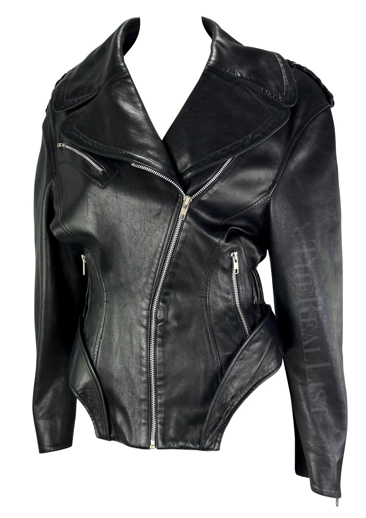 F/W 1988 Thierry Mugler 'Les Infernales' Hip Cutout Leather Moto Biker Jacket - RealList