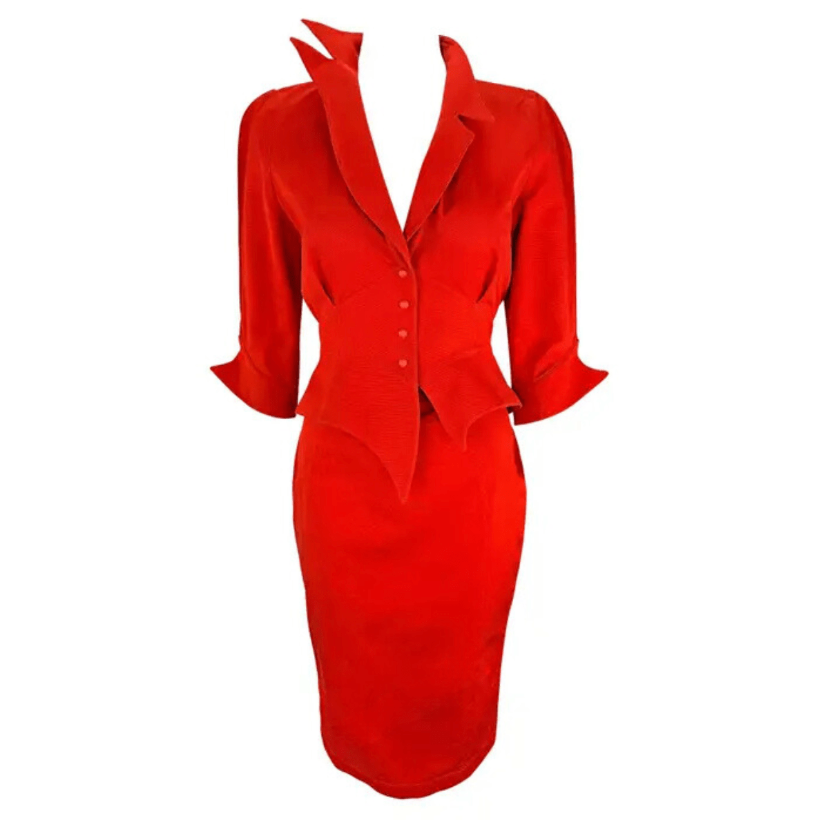 F/W 1988 Thierry Mugler Museum Red 'Les Infernales' Fiery Red Skirt Suit - RealList