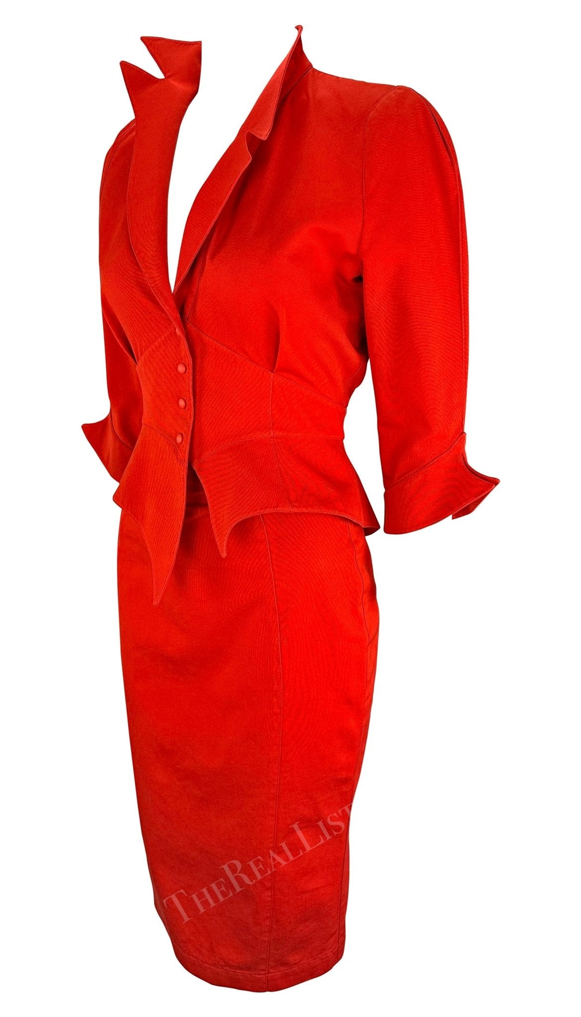 F/W 1988 Thierry Mugler Museum Red 'Les Infernales' Fiery Red Skirt Suit - RealList
