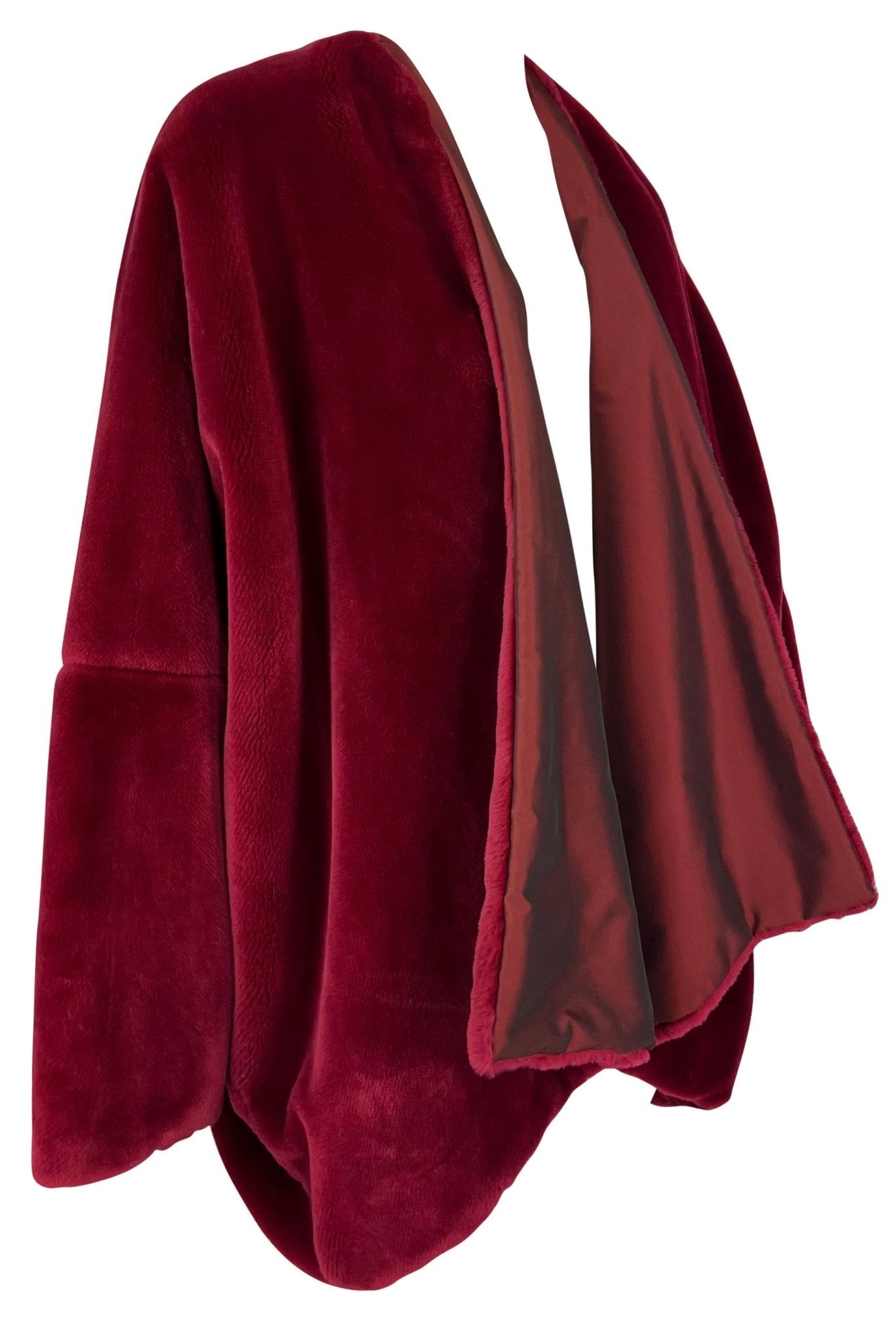 F/W 1989 Dolce & Gabbana Cranberry Red Faux Fur Oversized Shawl Coat Jacket - RealList