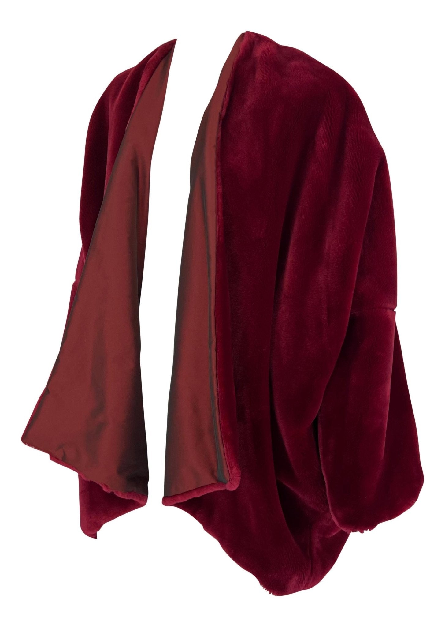 F/W 1989 Dolce & Gabbana Cranberry Red Faux Fur Oversized Shawl Coat Jacket - RealList