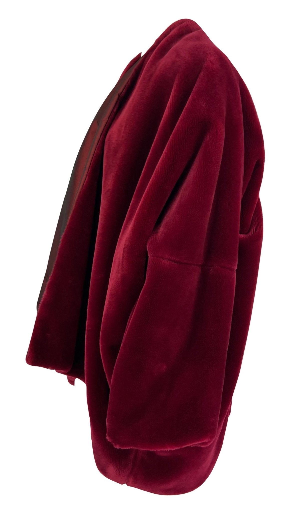 F/W 1989 Dolce & Gabbana Cranberry Red Faux Fur Oversized Shawl Coat Jacket - RealList