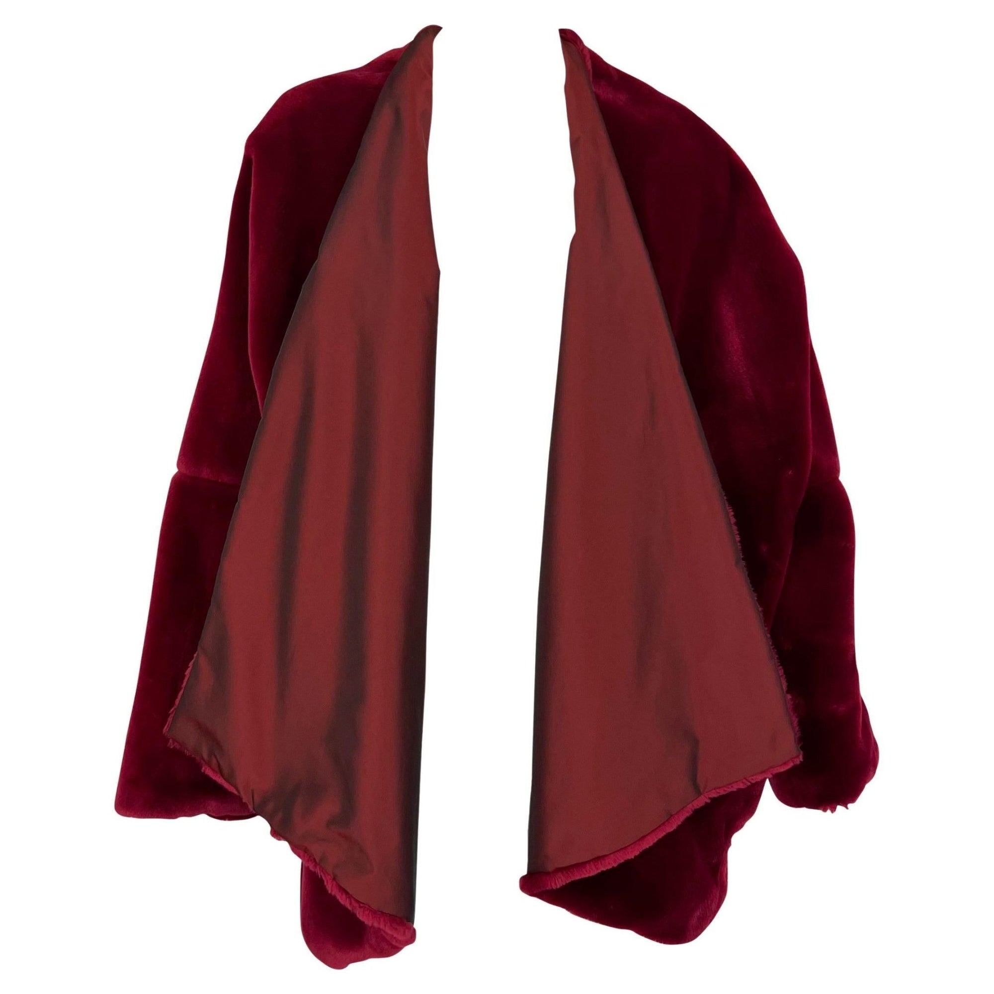 F/W 1989 Dolce & Gabbana Cranberry Red Faux Fur Oversized Shawl Coat Jacket - RealList