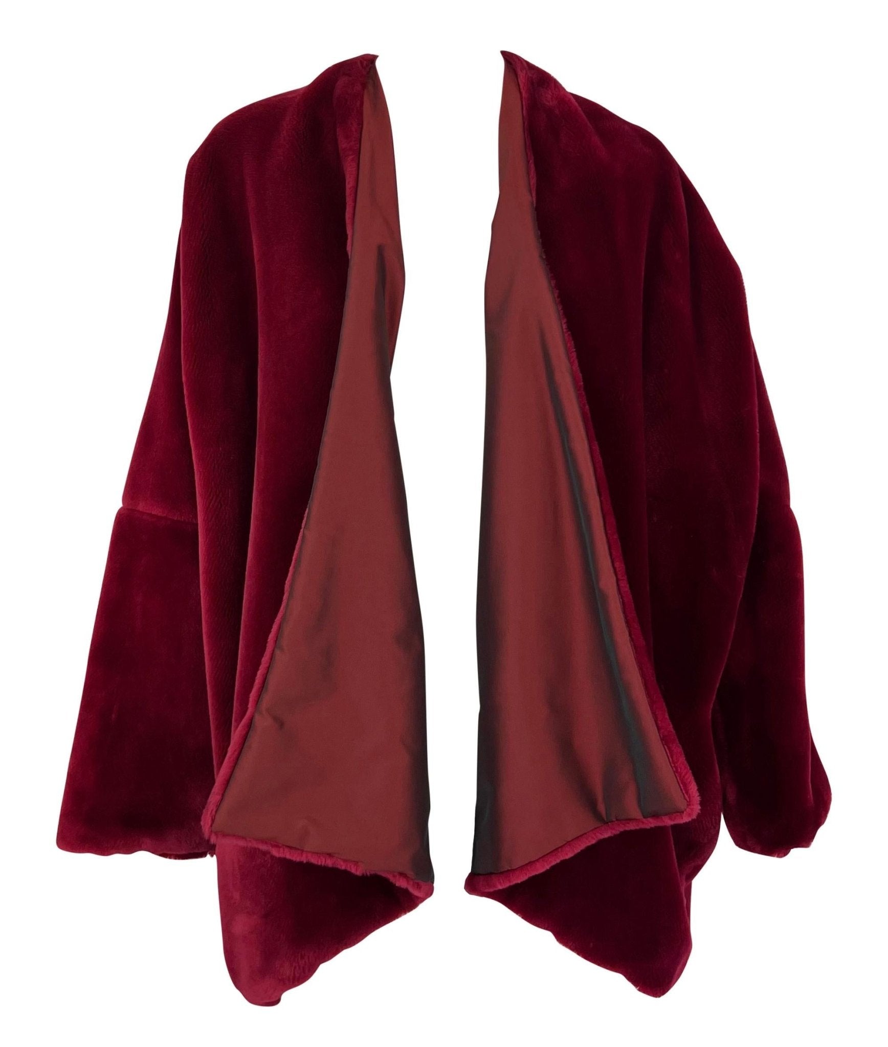 F/W 1989 Dolce & Gabbana Cranberry Red Faux Fur Oversized Shawl Coat Jacket - RealList