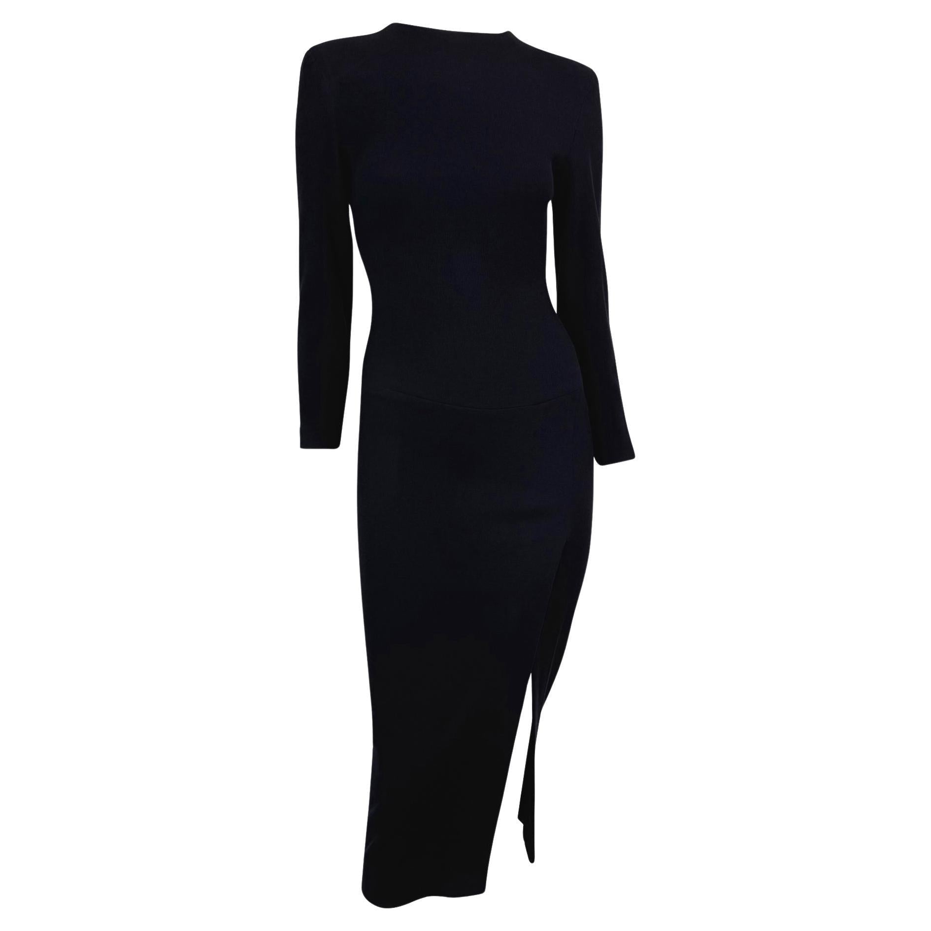 F/W 1989 Donna Karan Runway Navy Blue Stretch Wool Slit Long Sleeve Midi Dress - RealList