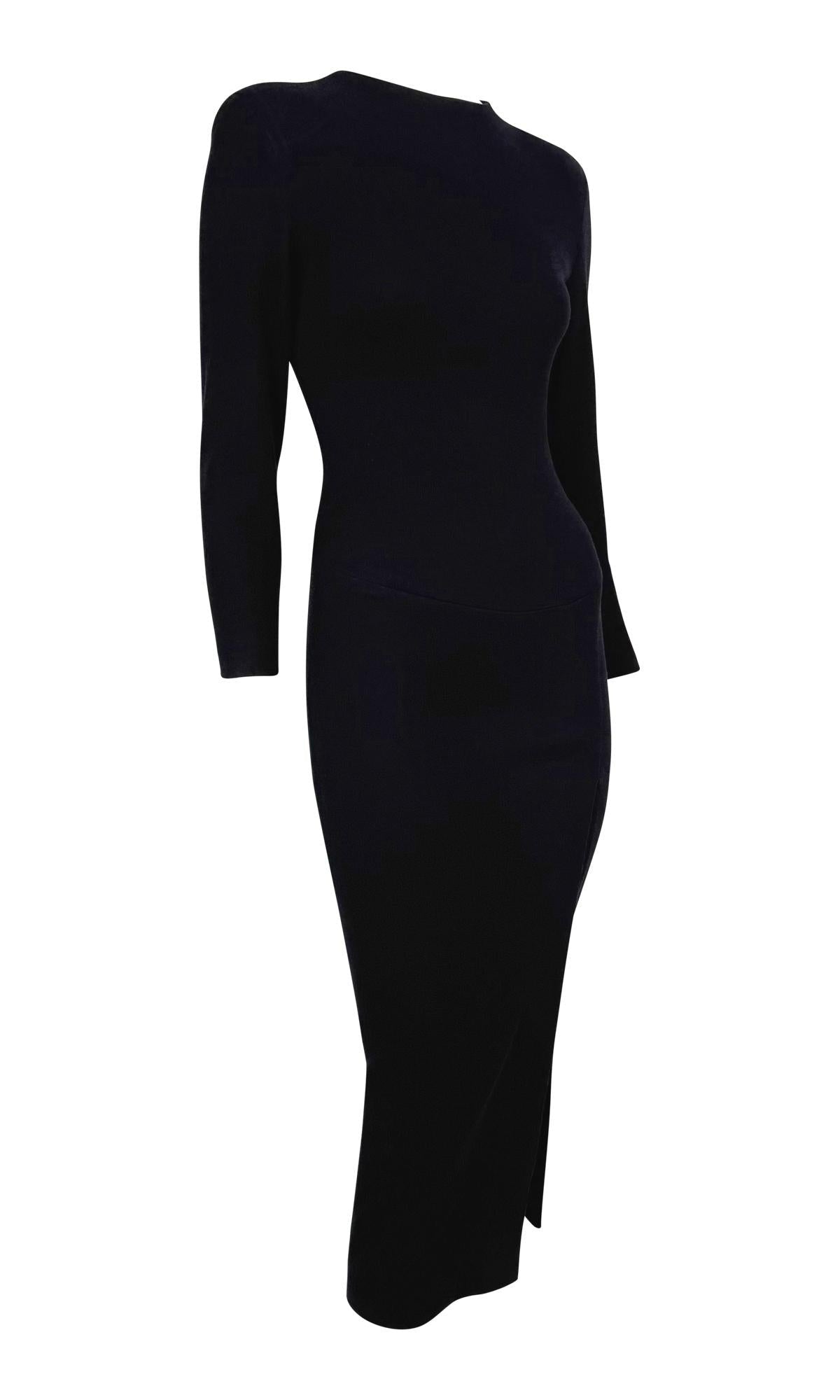 F/W 1989 Donna Karan Runway Navy Blue Stretch Wool Slit Long Sleeve Midi Dress - RealList