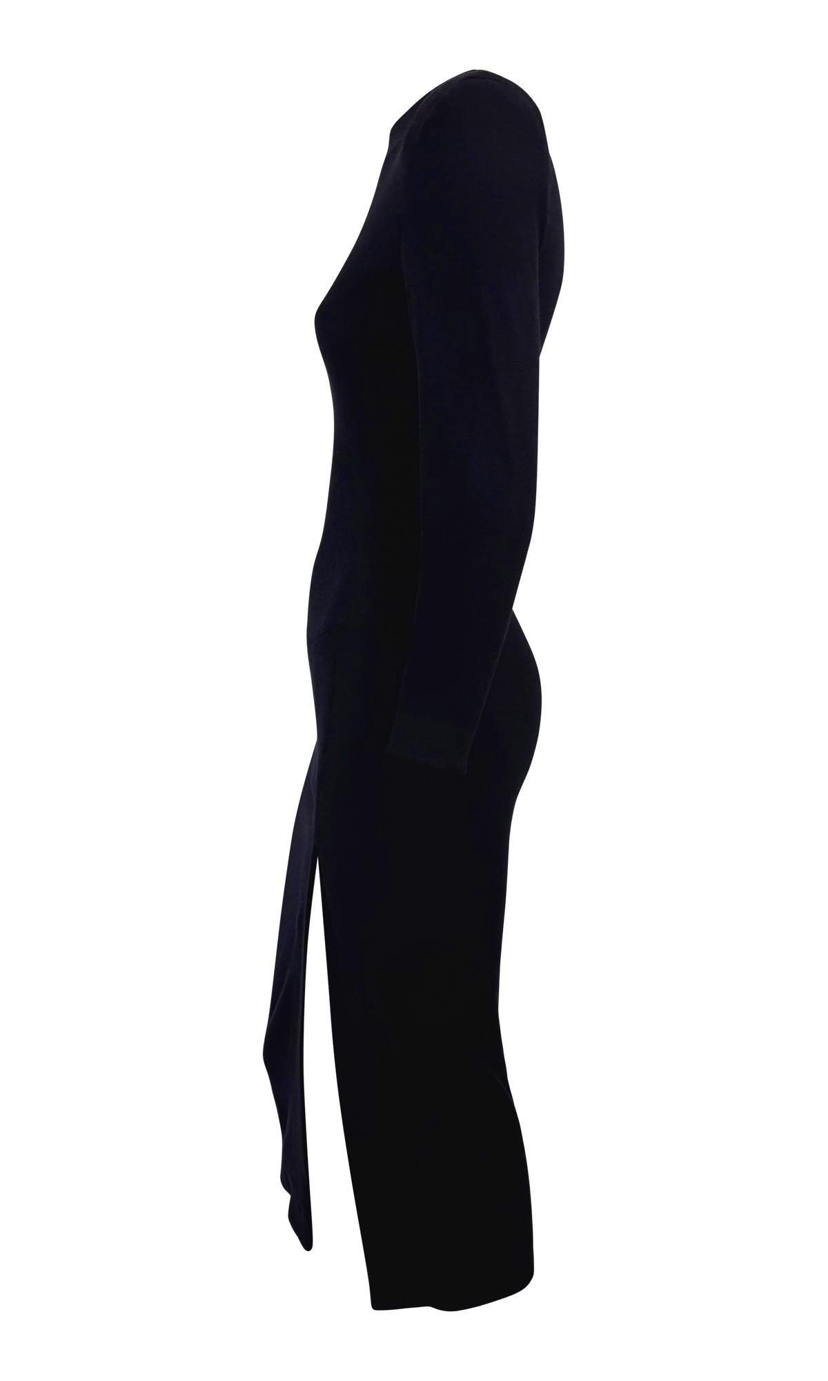 F/W 1989 Donna Karan Runway Navy Blue Stretch Wool Slit Long Sleeve Midi Dress - RealList