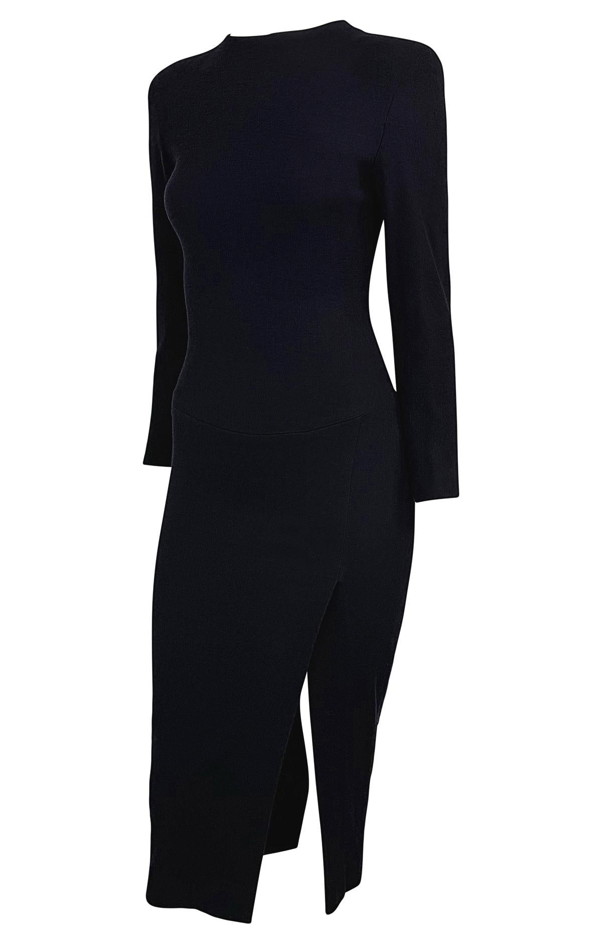 F/W 1989 Donna Karan Runway Navy Blue Stretch Wool Slit Long Sleeve Midi Dress - RealList
