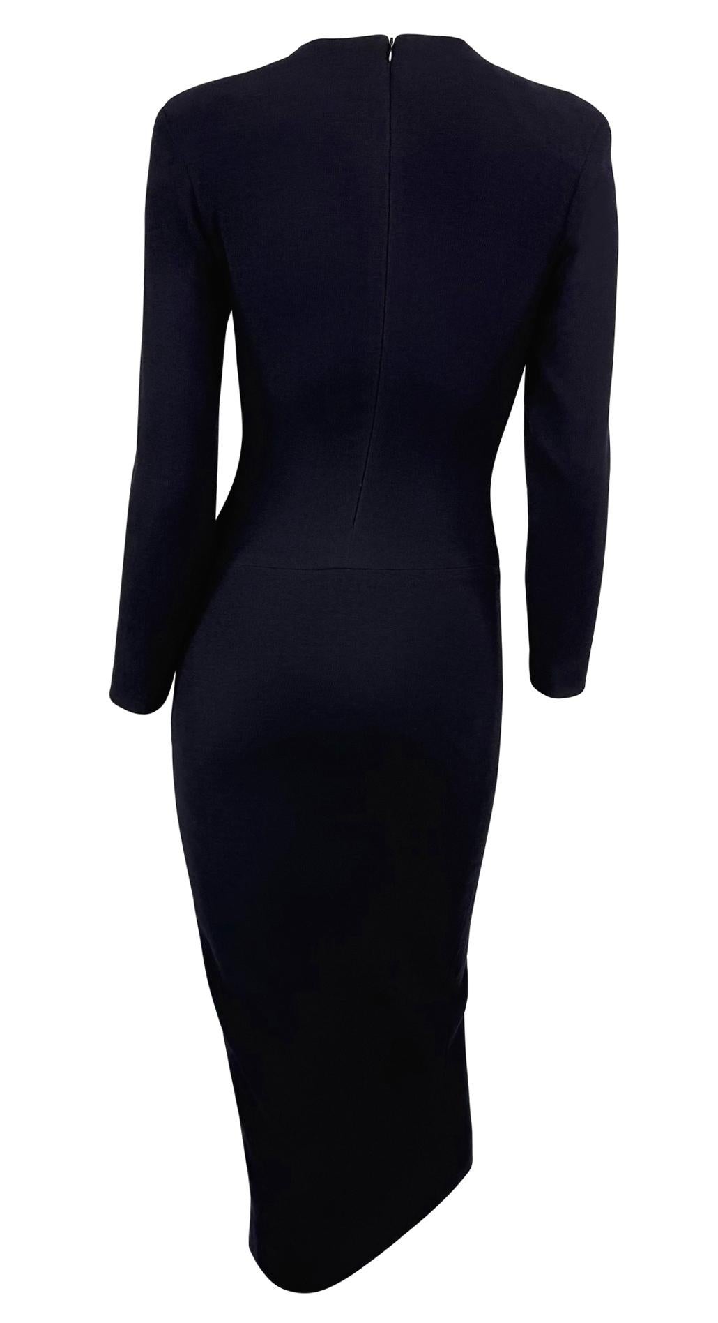 F/W 1989 Donna Karan Runway Navy Blue Stretch Wool Slit Long Sleeve Midi Dress - RealList