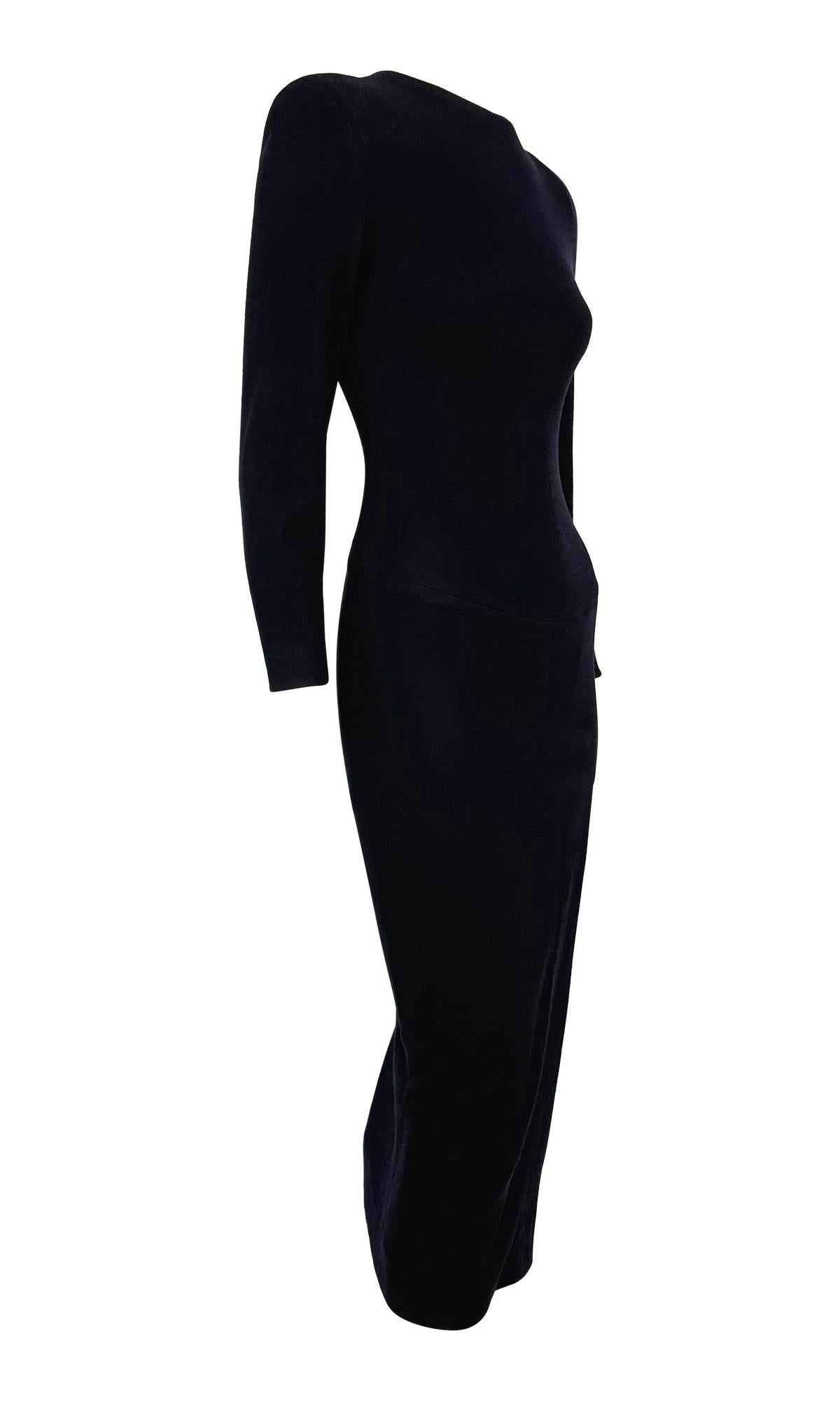 F/W 1989 Donna Karan Runway Navy Blue Stretch Wool Slit Long Sleeve Midi Dress - RealList