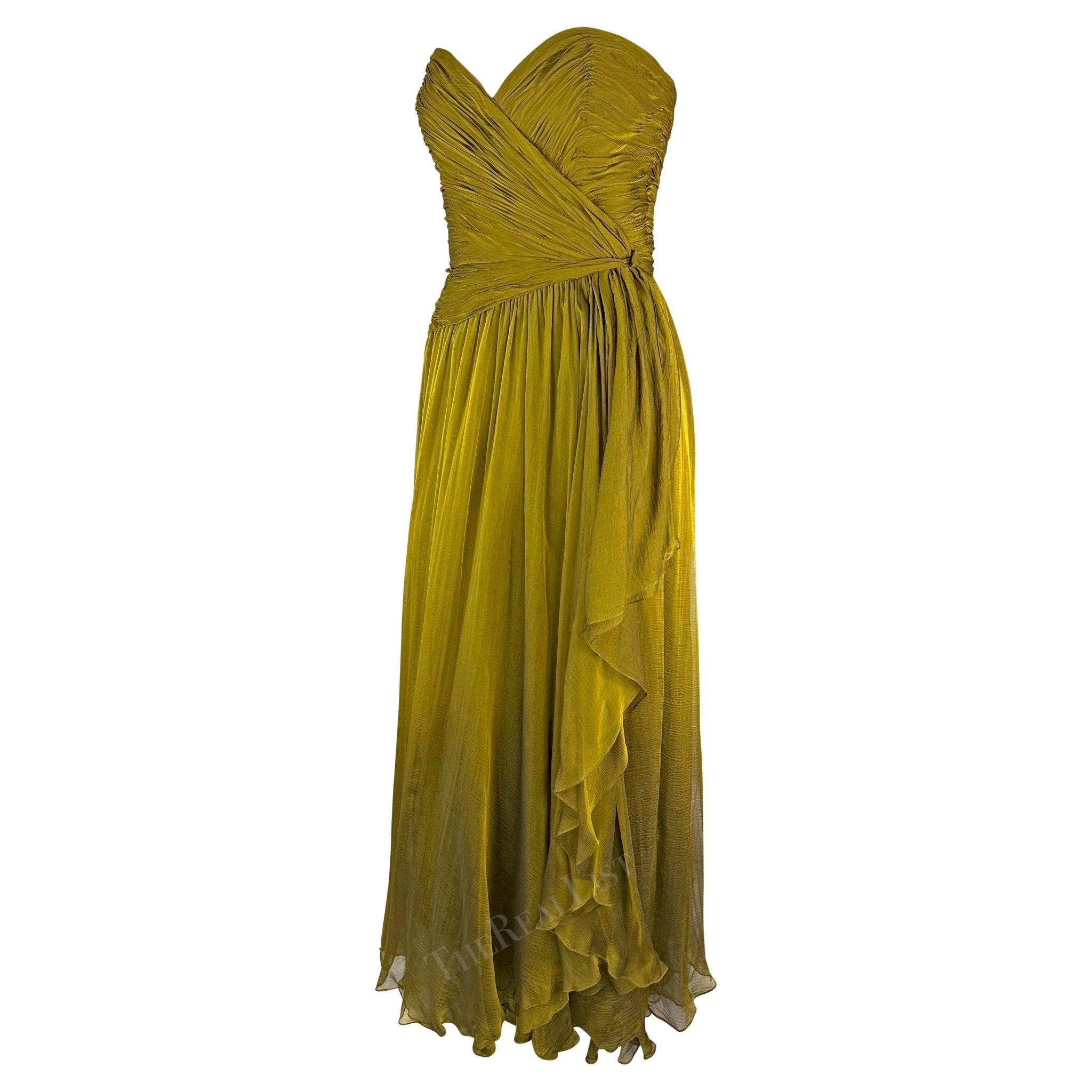 F/W 1989 Oscar de la Renta Runway Chartreuse Chiffon Strapless Gown - RealList