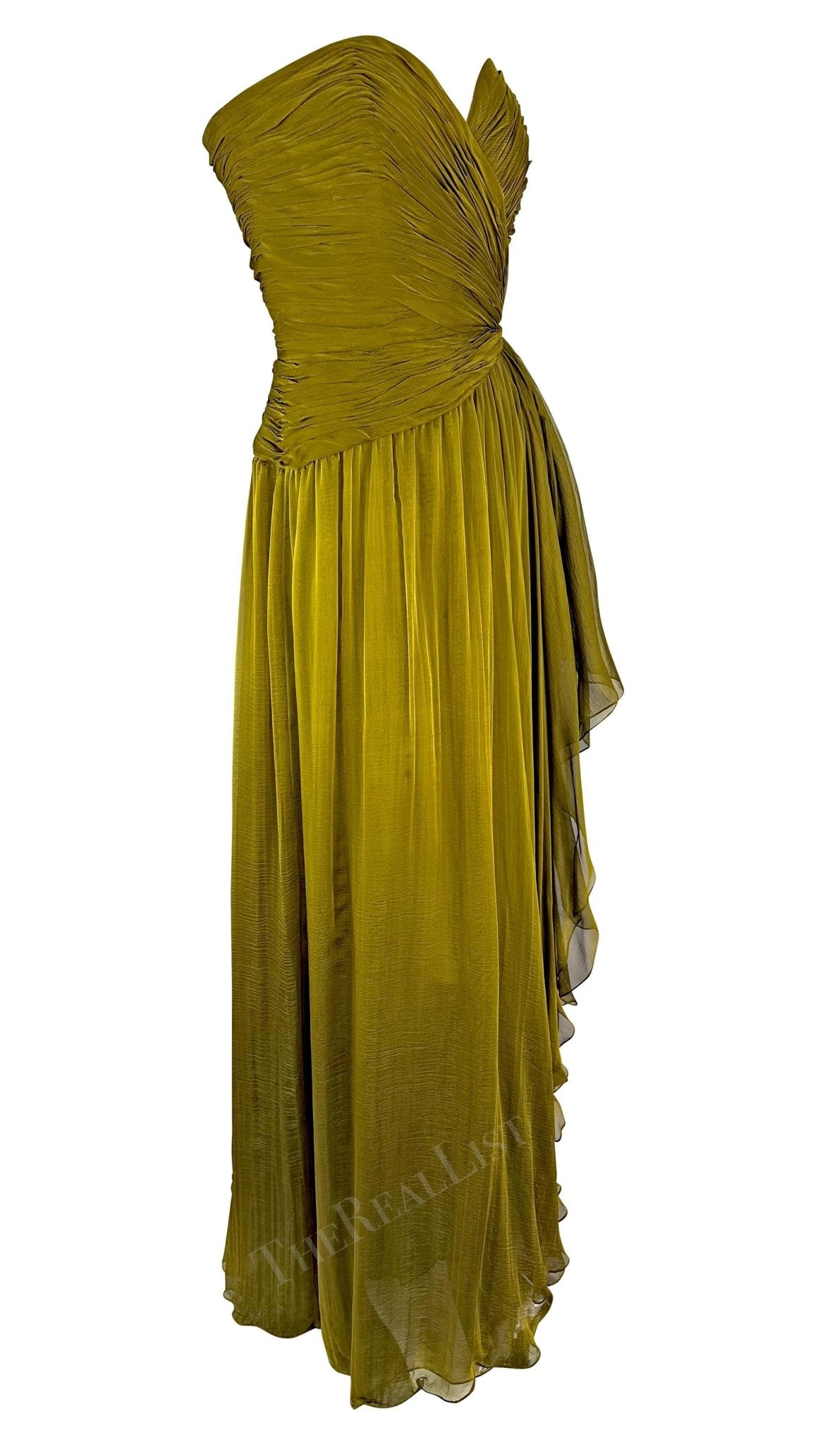 F/W 1989 Oscar de la Renta Runway Chartreuse Chiffon Strapless Gown - RealList