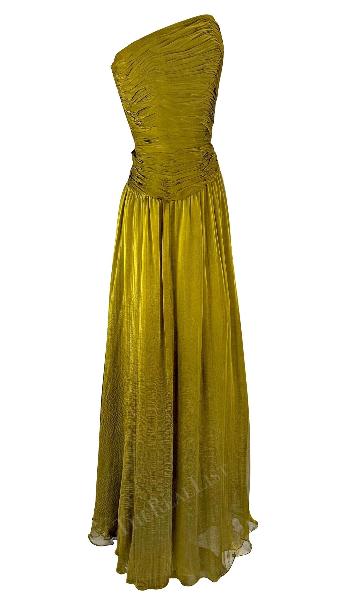 F/W 1989 Oscar de la Renta Runway Chartreuse Chiffon Strapless Gown - RealList