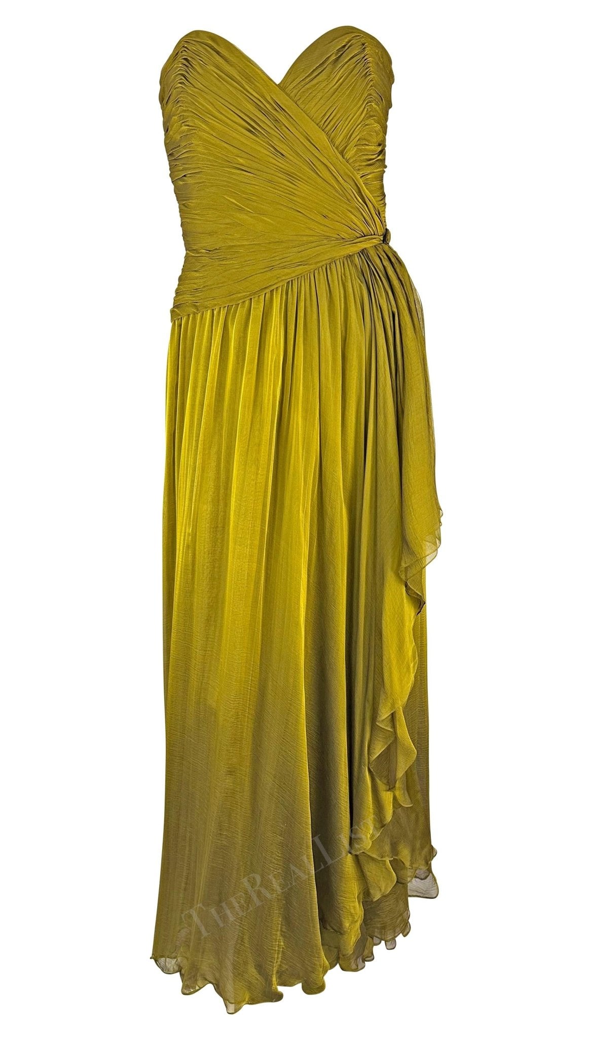 F/W 1989 Oscar de la Renta Runway Chartreuse Chiffon Strapless Gown - RealList