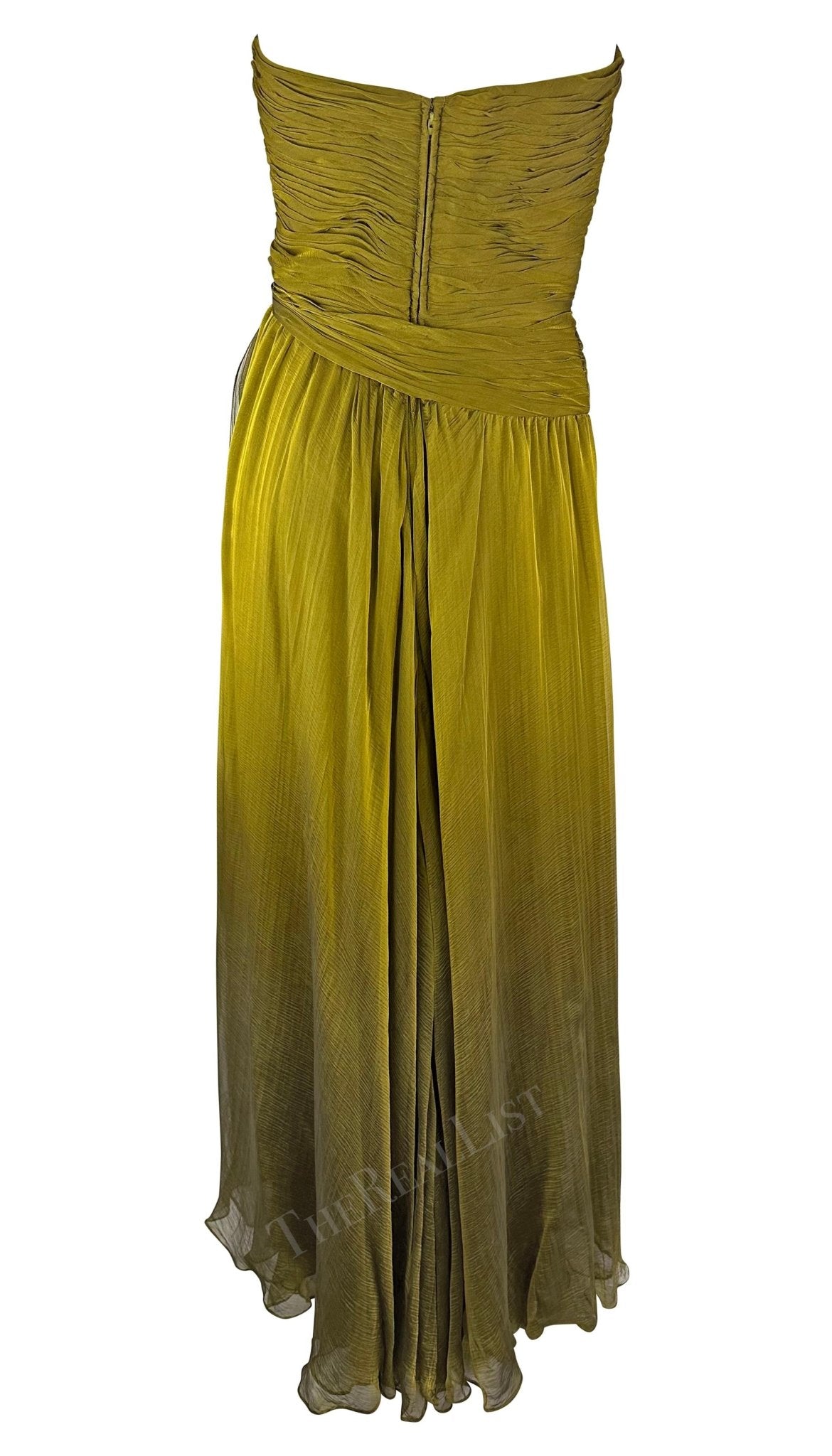 F/W 1989 Oscar de la Renta Runway Chartreuse Chiffon Strapless Gown - RealList
