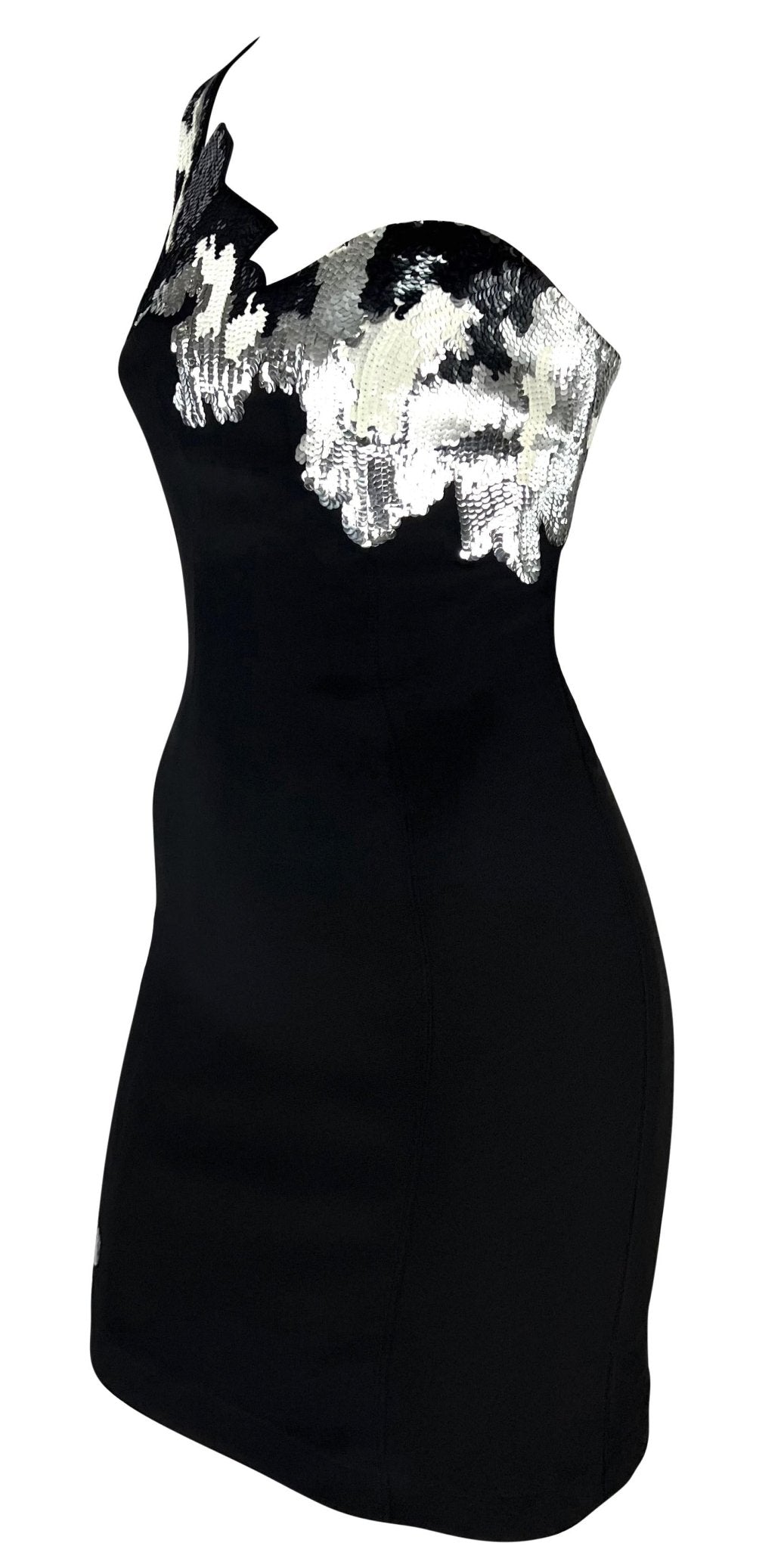 F/W 1989 Thierry Mugler Black White Silver Sequin Asymmetric Jagged Edge Dress - RealList