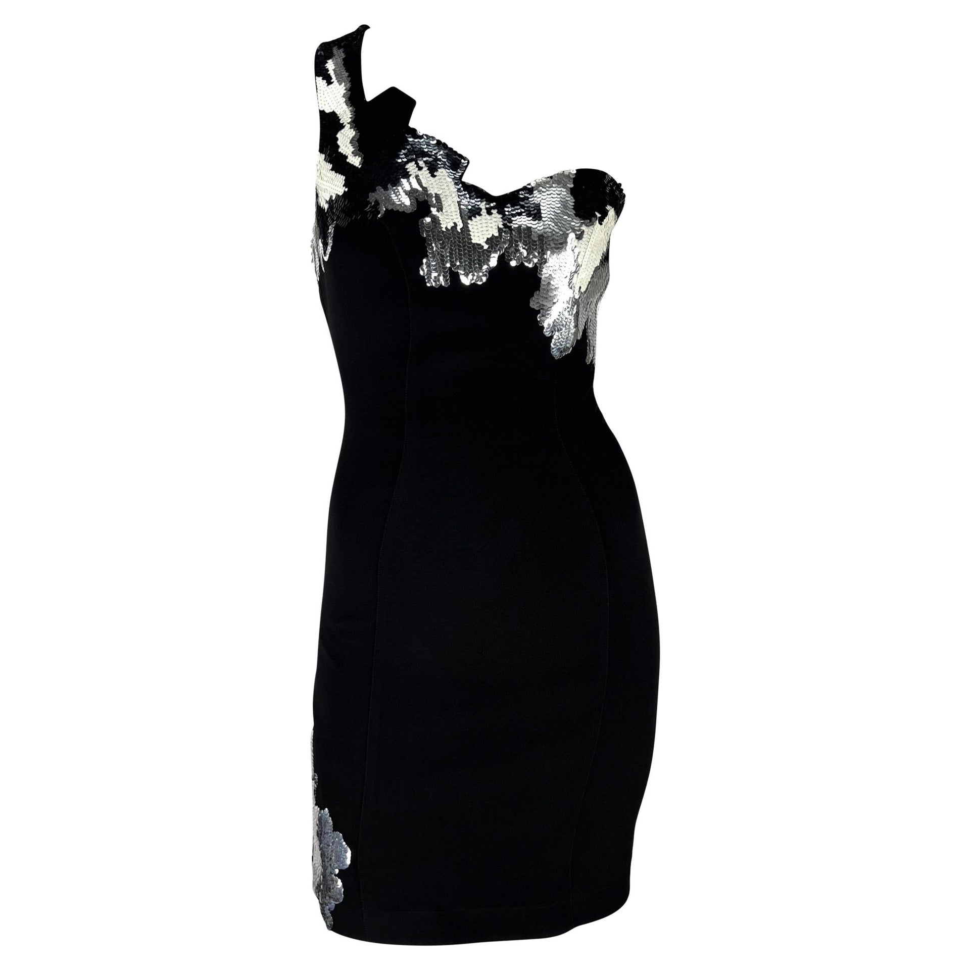 F/W 1989 Thierry Mugler Black White Silver Sequin Asymmetric Jagged Edge Dress - RealList