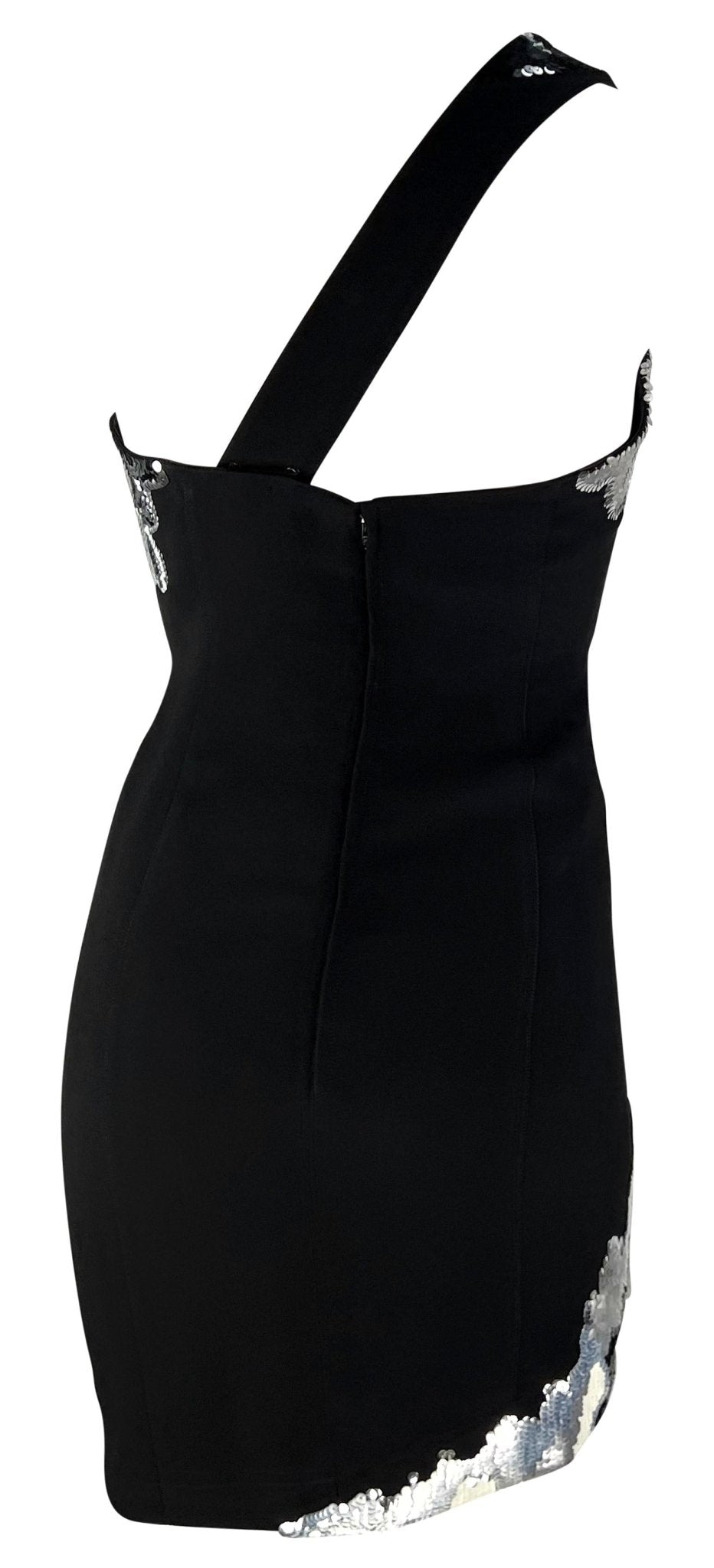 F/W 1989 Thierry Mugler Black White Silver Sequin Asymmetric Jagged Edge Dress - RealList