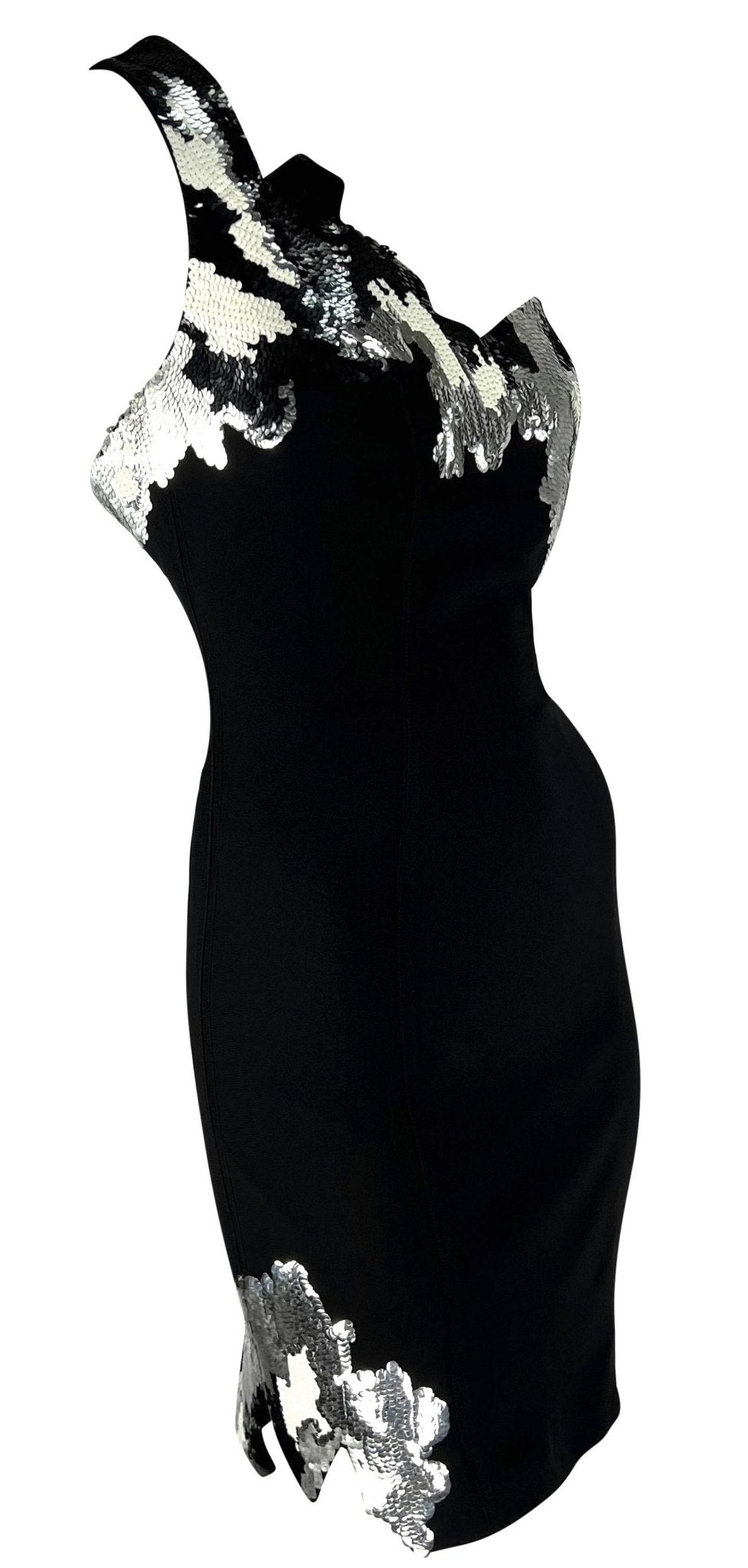 F/W 1989 Thierry Mugler Black White Silver Sequin Asymmetric Jagged Edge Dress - RealList
