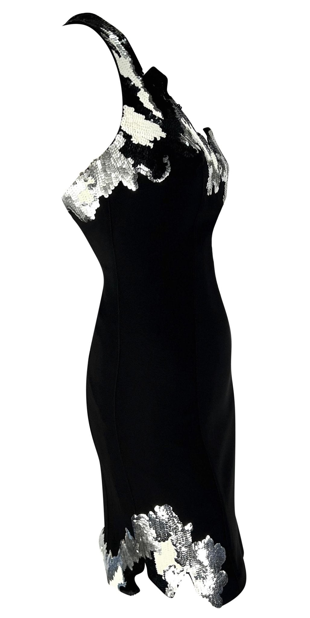 F/W 1989 Thierry Mugler Black White Silver Sequin Asymmetric Jagged Edge Dress - RealList