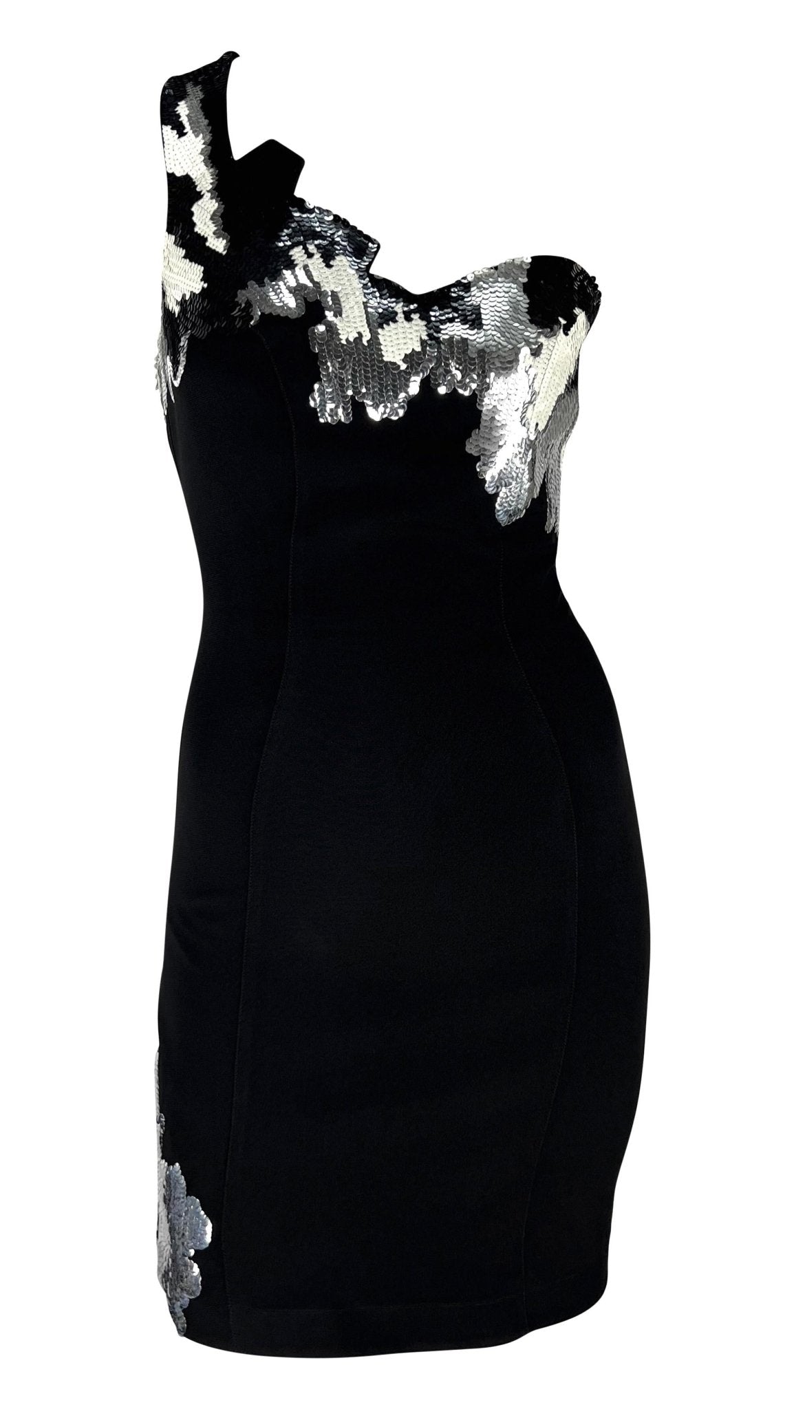 F/W 1989 Thierry Mugler Black White Silver Sequin Asymmetric Jagged Edge Dress - RealList