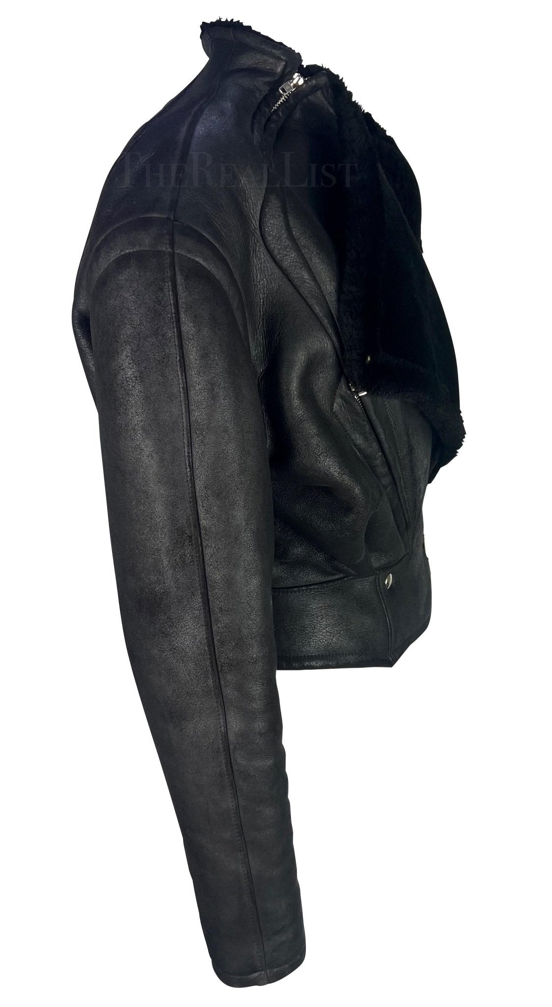 F/W 1989 Thierry Mugler 'Hiver Buick' Black Shearling Oversized Leather Jacket - RealList