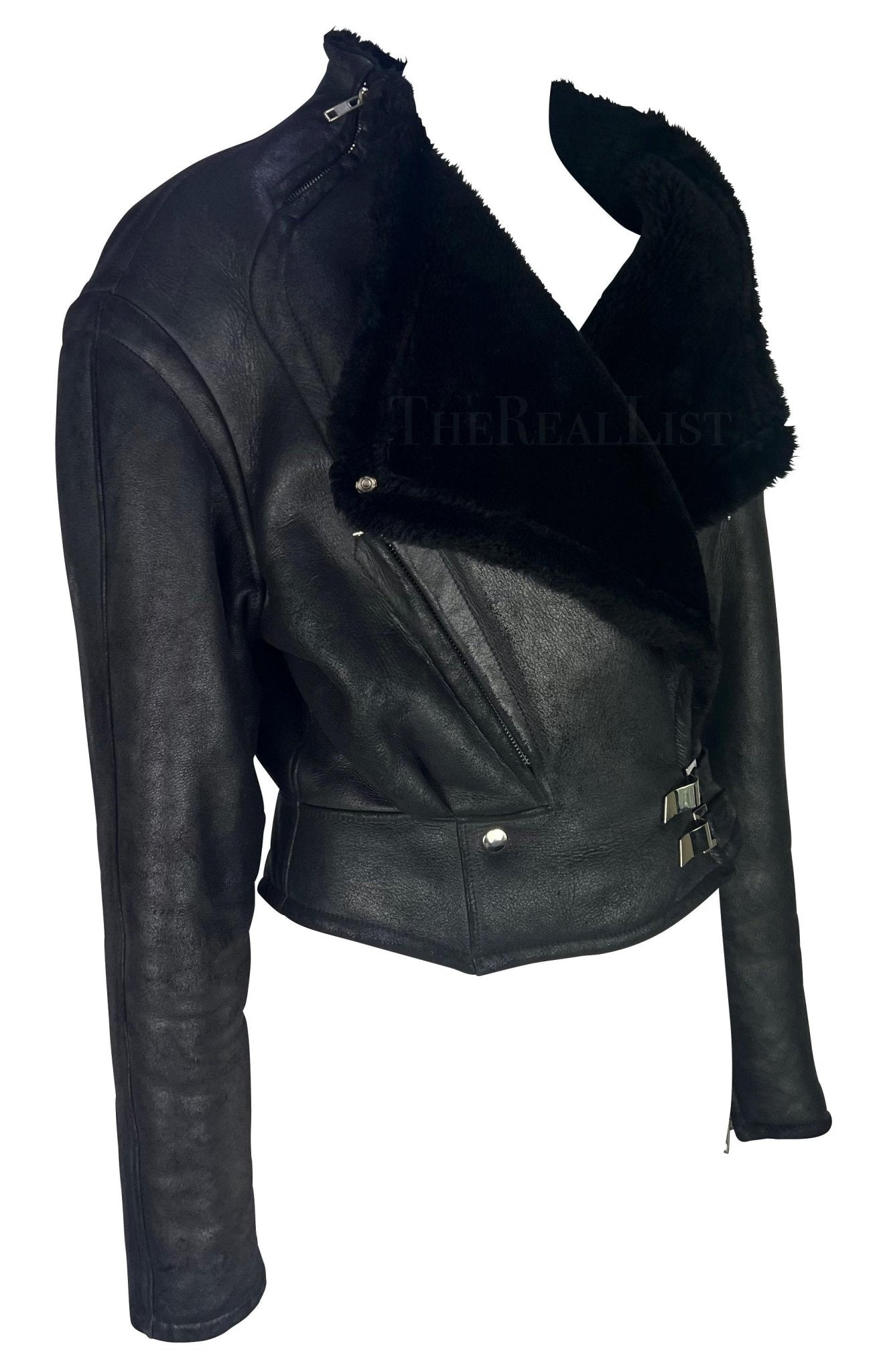 F/W 1989 Thierry Mugler 'Hiver Buick' Black Shearling Oversized Leather Jacket - RealList