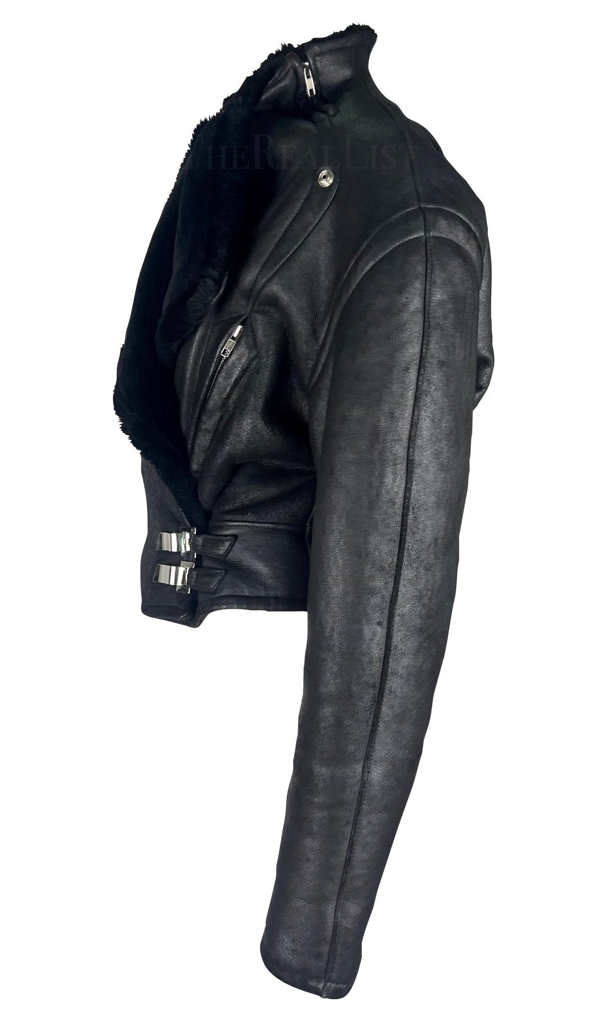 F/W 1989 Thierry Mugler 'Hiver Buick' Black Shearling Oversized Leather Jacket - RealList