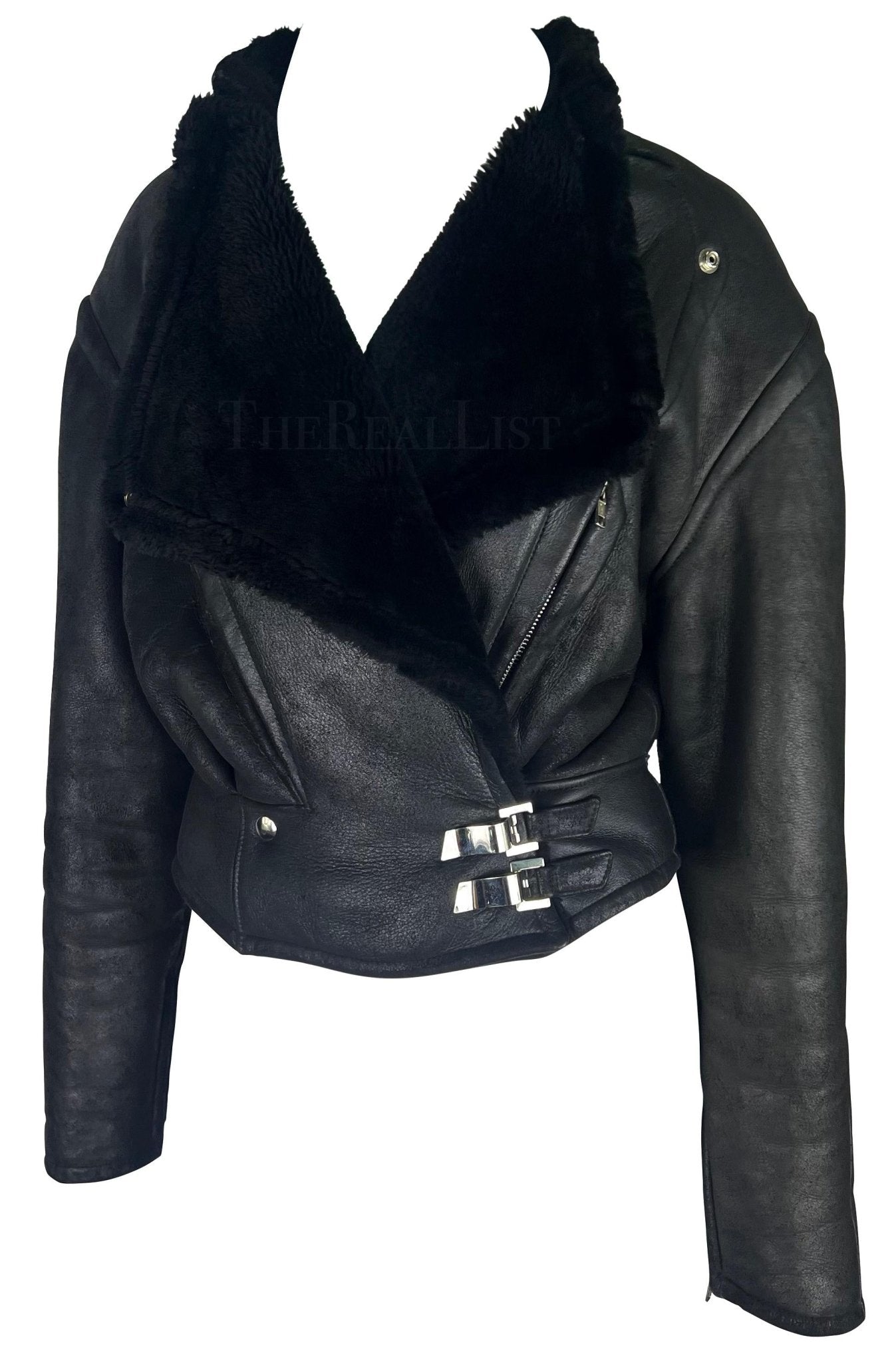F/W 1989 Thierry Mugler 'Hiver Buick' Black Shearling Oversized Leather Jacket - RealList