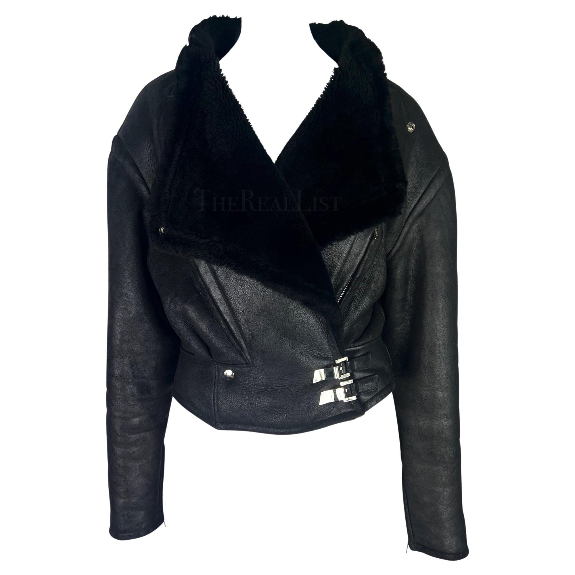 F/W 1989 Thierry Mugler 'Hiver Buick' Black Shearling Oversized Leather Jacket - RealList