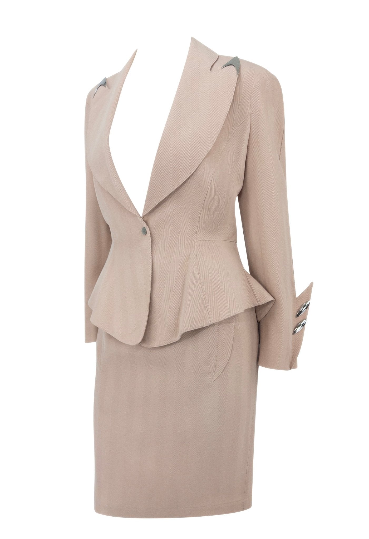 F/W 1989 Thierry Mugler 'Hiver Buick' Blush Studded Metal Accent Skirt Suit - RealList